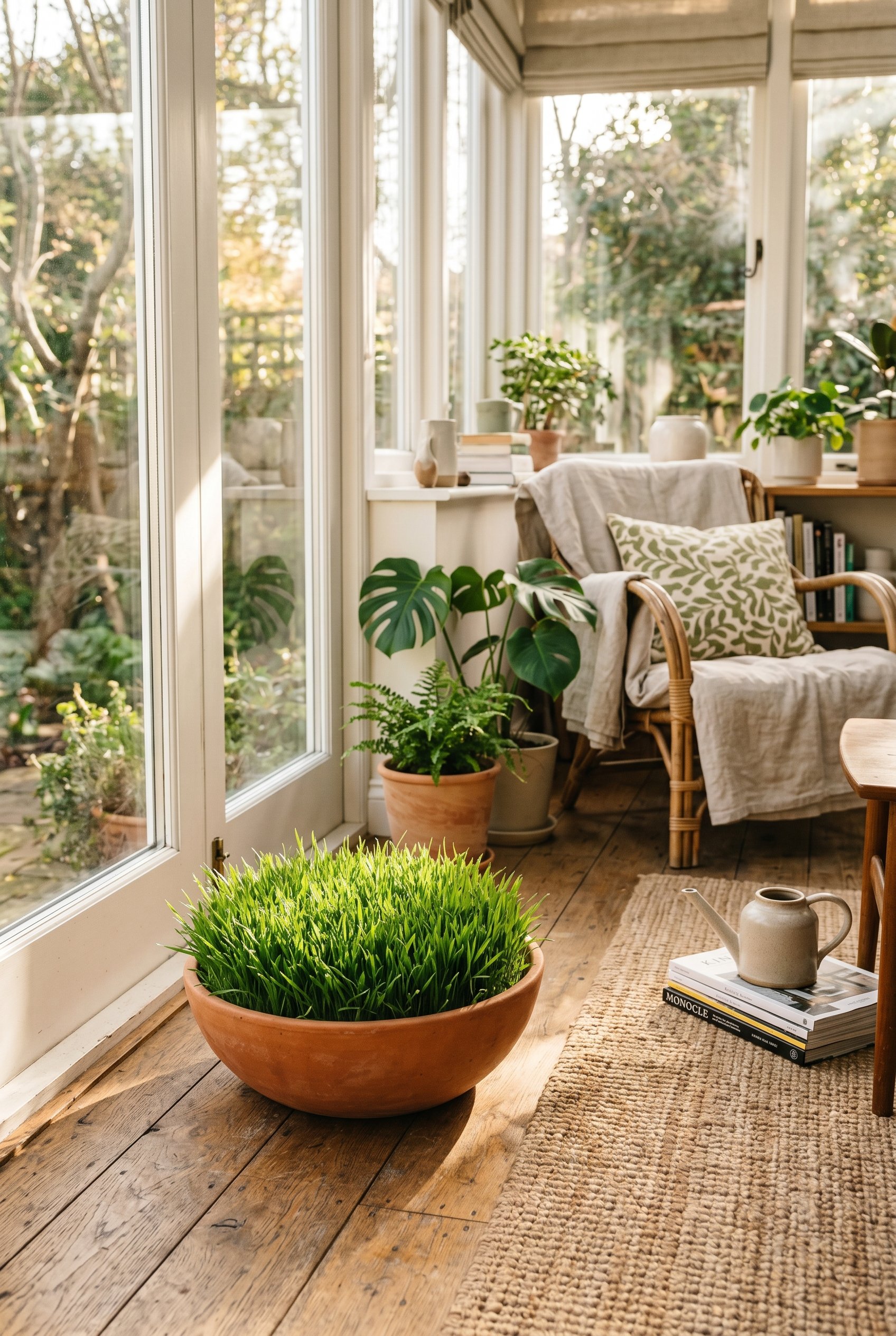 Photorealistic interior photo. Low, wide terracotta bowl filled with lush green cat grass sitting on a sunroom floor, warm sunlight. Editorial photography style, no people visible.