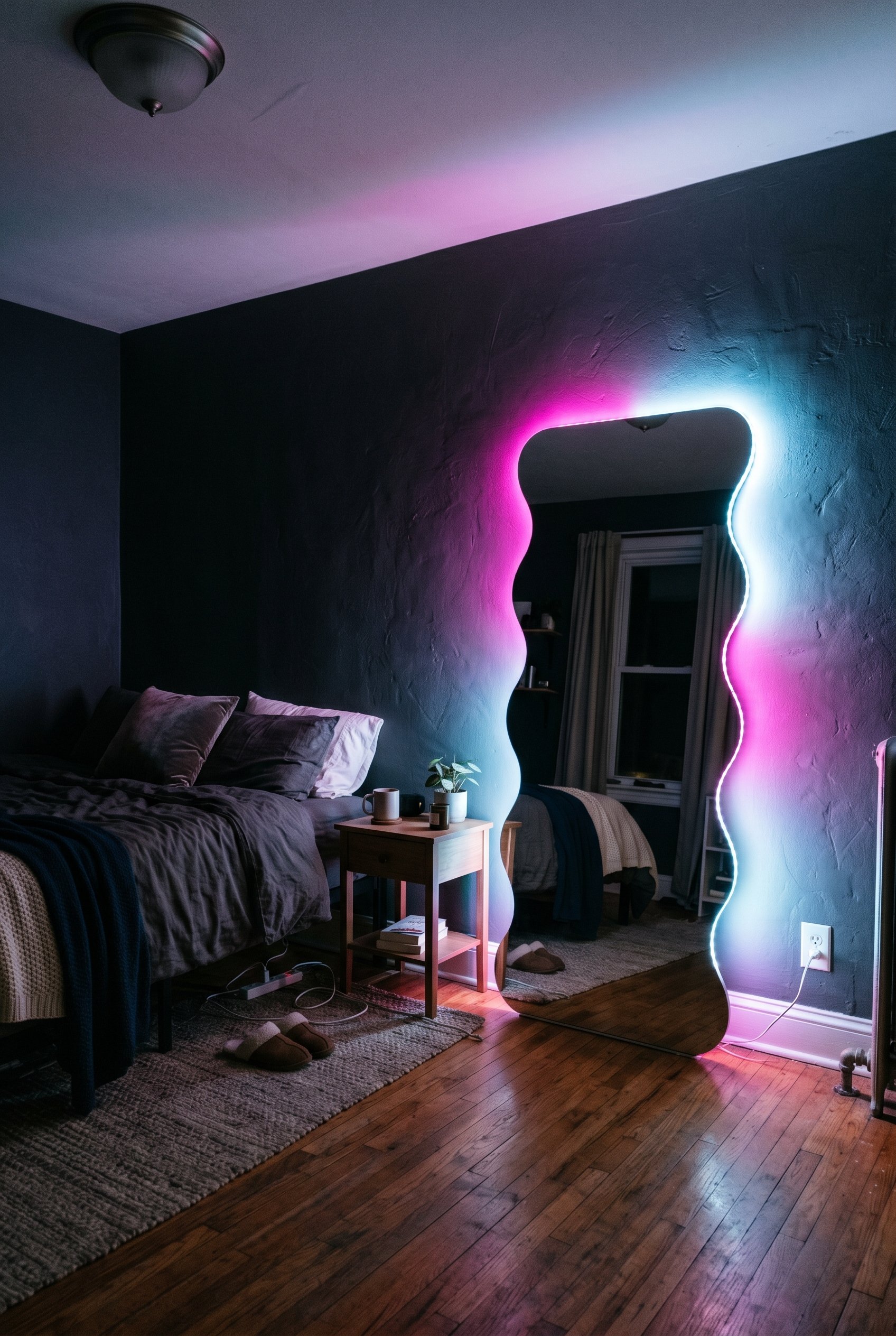 Photorealistic interior photo. Magenta and icy blue smart LED light strips glowing from behind a wavy floor mirror in a dark, moody bedroom, low angle. Editorial photography style, no people visible.