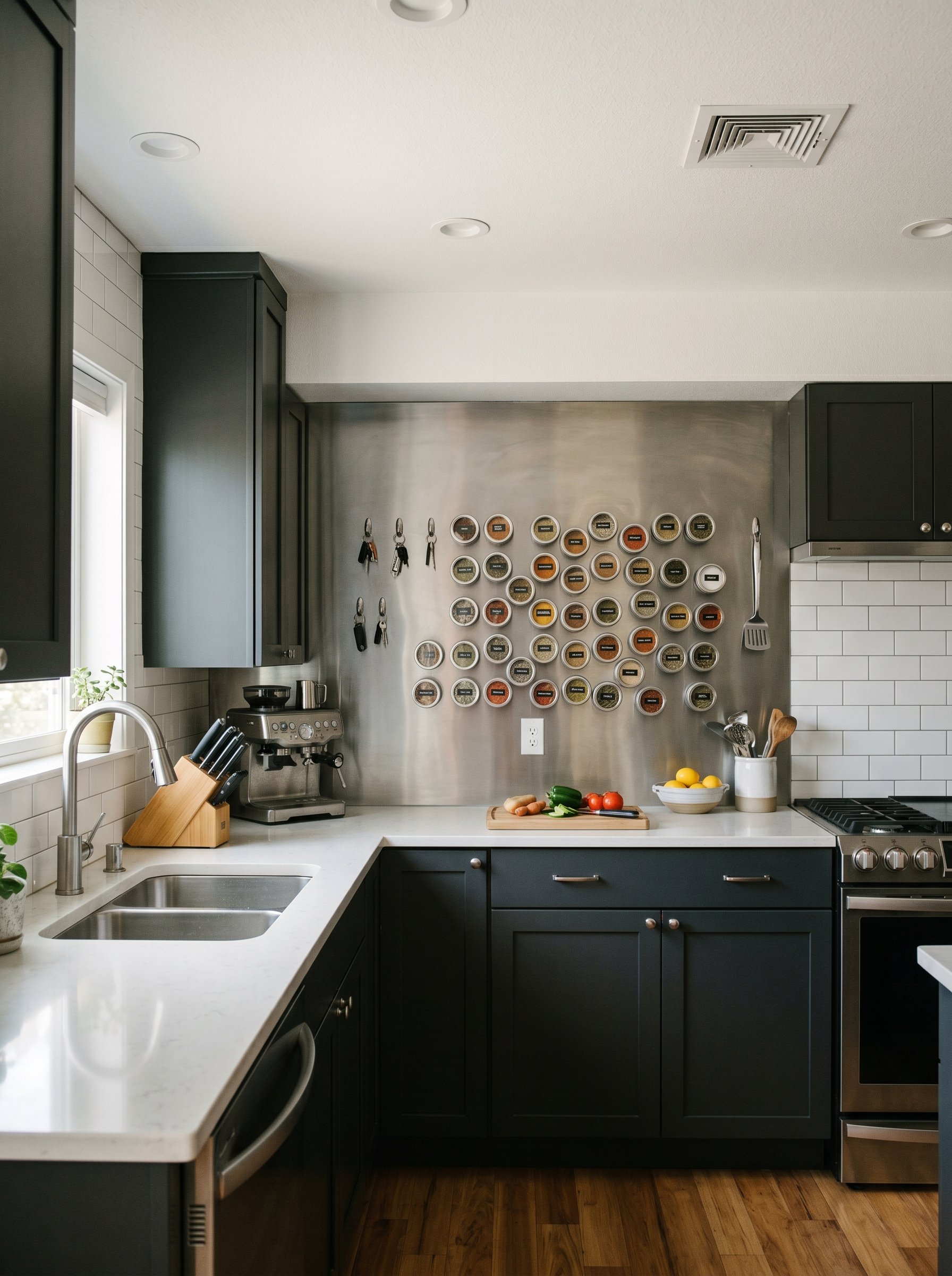 Photorealistic interior photo. Magnetic stainless steel panel backsplash with spice tins attached. Commercial-style modern kitchen, sleek, dramatic lighting, straight-on camera angle. Editorial photog
