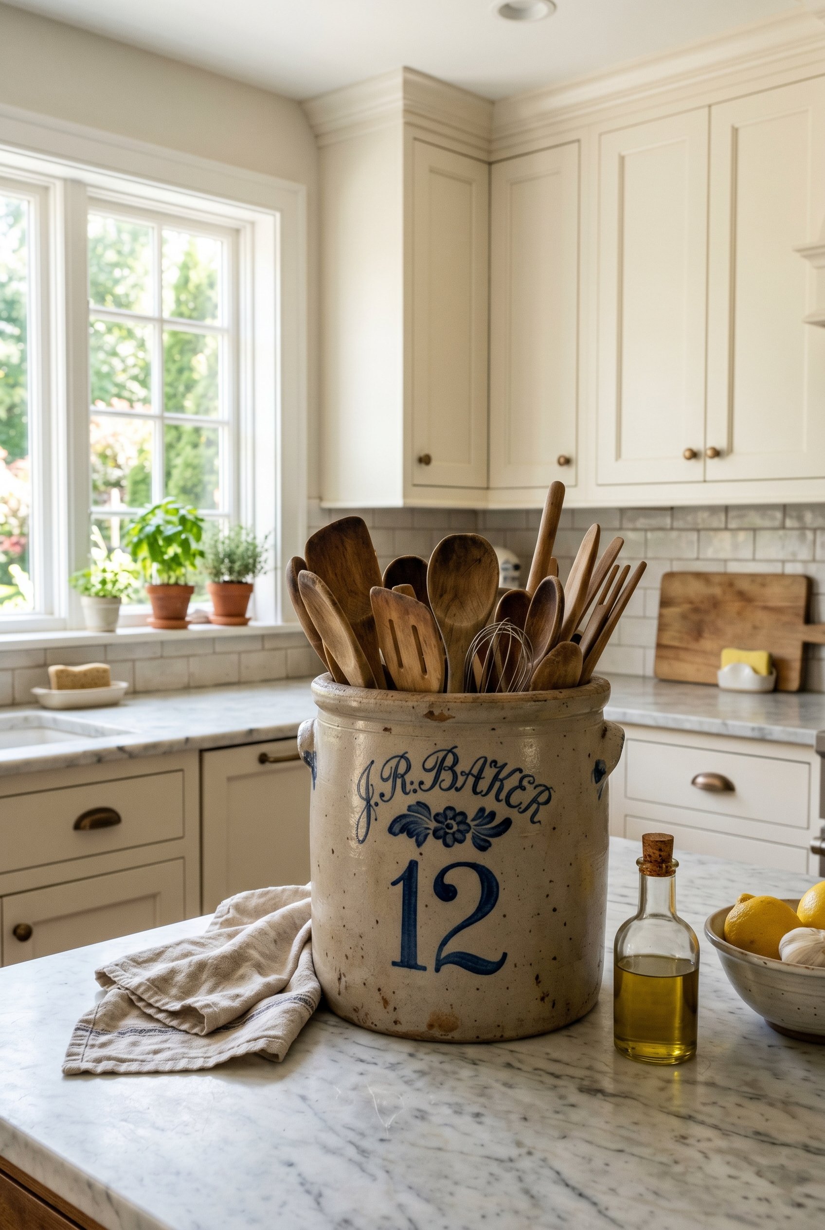 Photorealistic interior photo. Marble kitchen counter featuring a massive, antique stoneware crock with cobalt blue numbers holding wooden spoons, bright daylight, close-up camera angle. Editorial pho