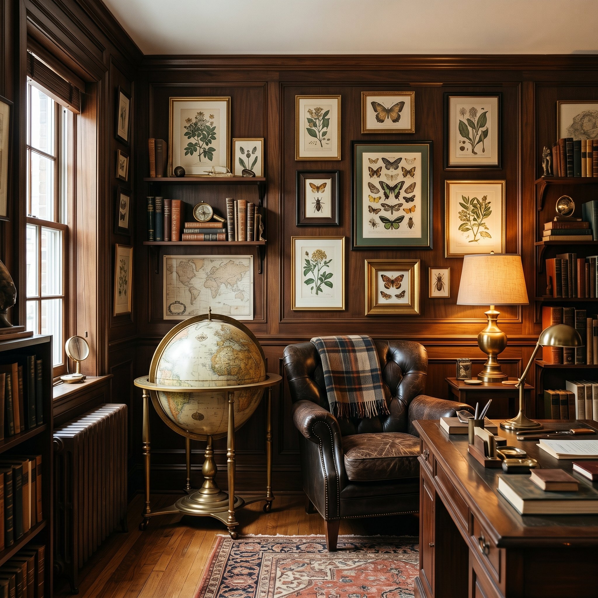 Photorealistic interior photo. Masculine whimsical study featuring an oversized vintage globe on a brass stand, dark wood paneling, leather chairs, and framed botanical prints. Editorial photography s