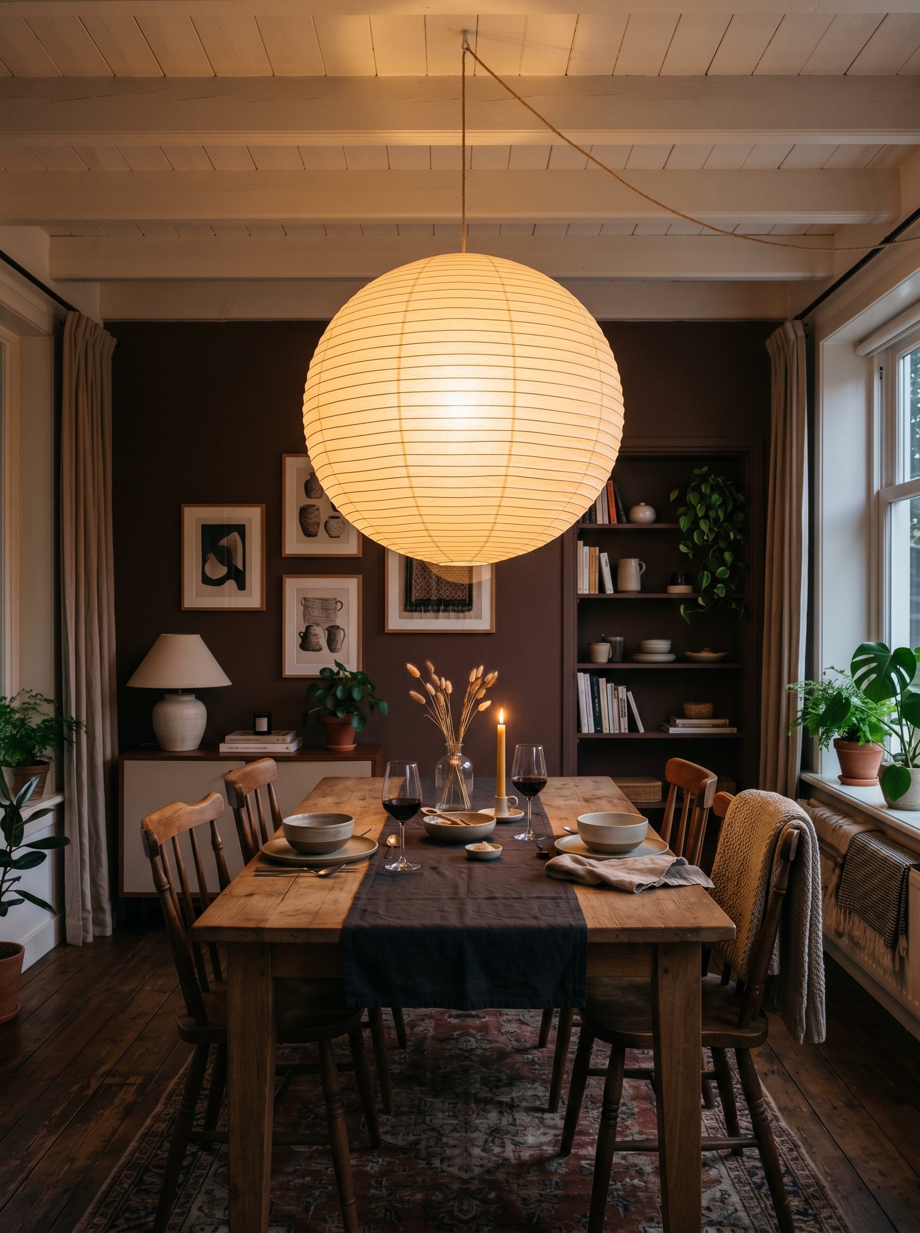 Photorealistic interior photo. Massive 45-inch Noguchi style round paper lantern hanging over a simple wooden dining table. Moody evening lighting, warm glow. Editorial photography style, no people vi