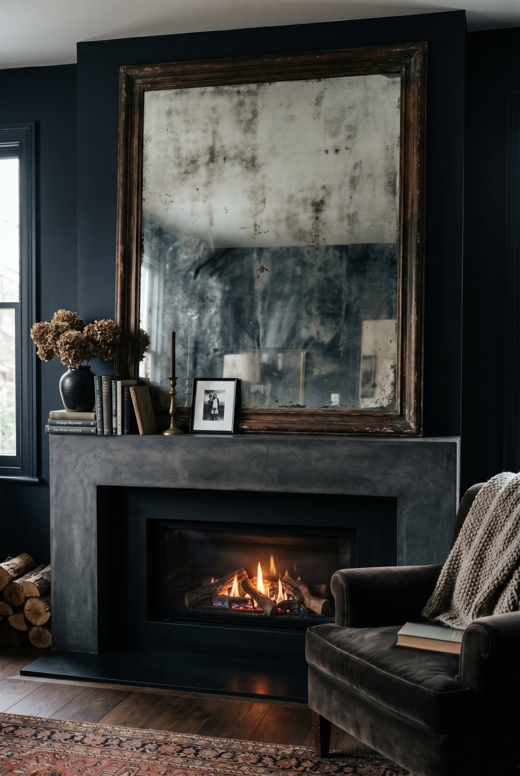 Photorealistic interior photo. Massive antique mirror with heavily desilvered cloudy glass leaning on a modern fireplace mantel, moody shadows, straight-on angle. Editorial photography style, no peopl