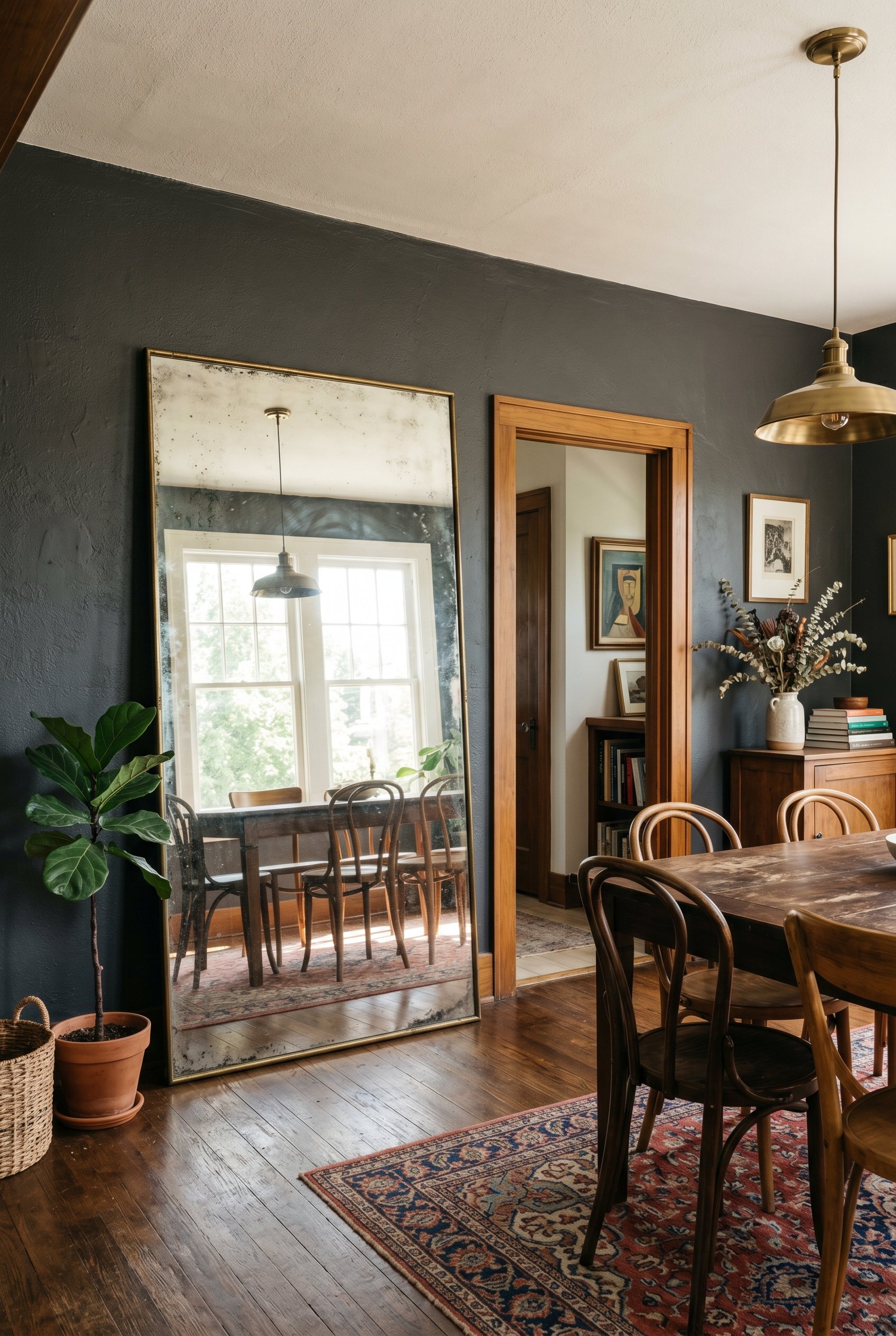 Photorealistic interior photo. Massive antiqued floor mirror with a thin brass frame leaning against a dark dining room wall, bright window reflections, straight-on wide angle. Editorial photography s
