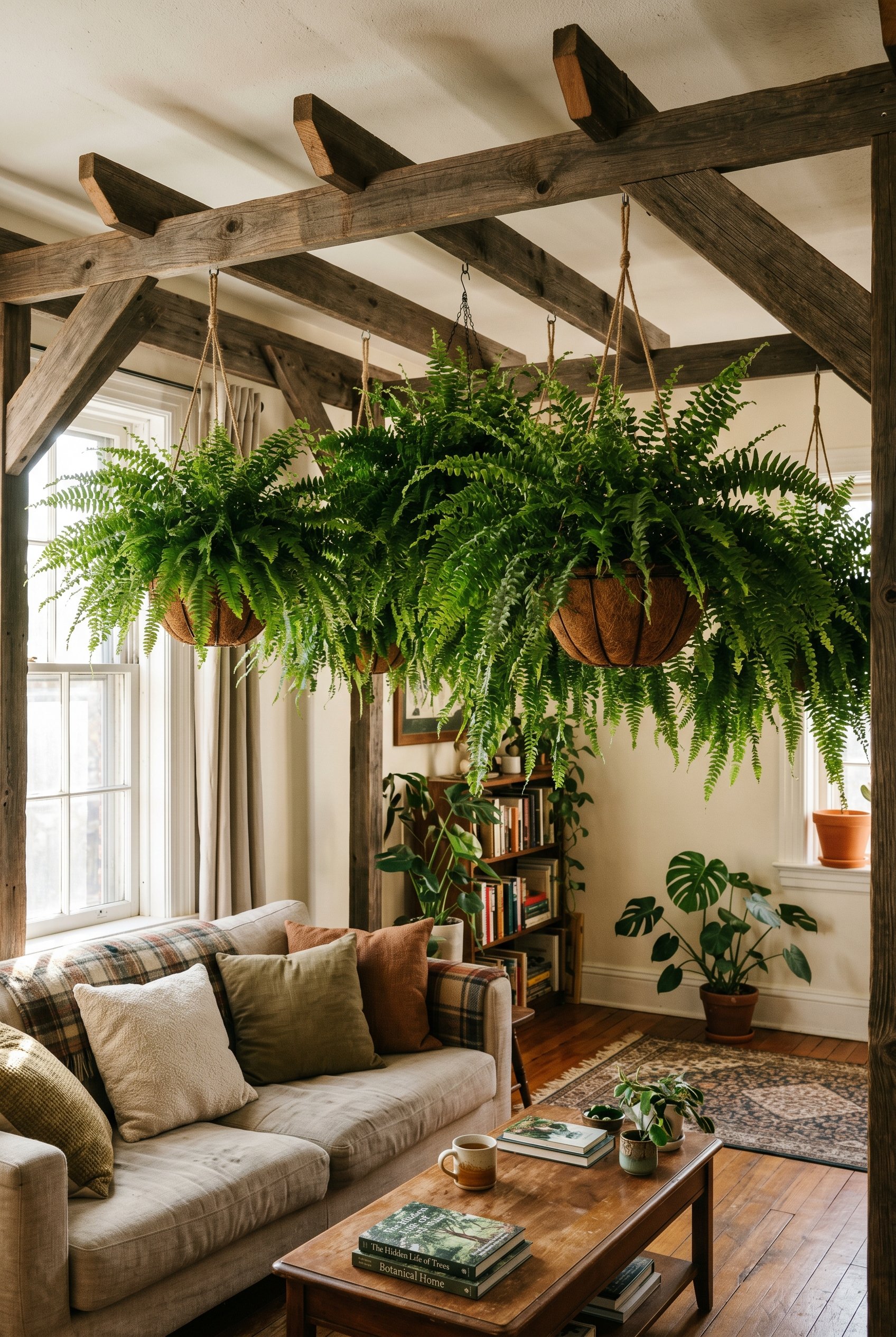 Photorealistic interior photo. Massive Boston ferns hanging in rustic coco coir baskets from a wooden pergola, dense green leaves, dappled sunlight. Editorial photography style, no people visible.