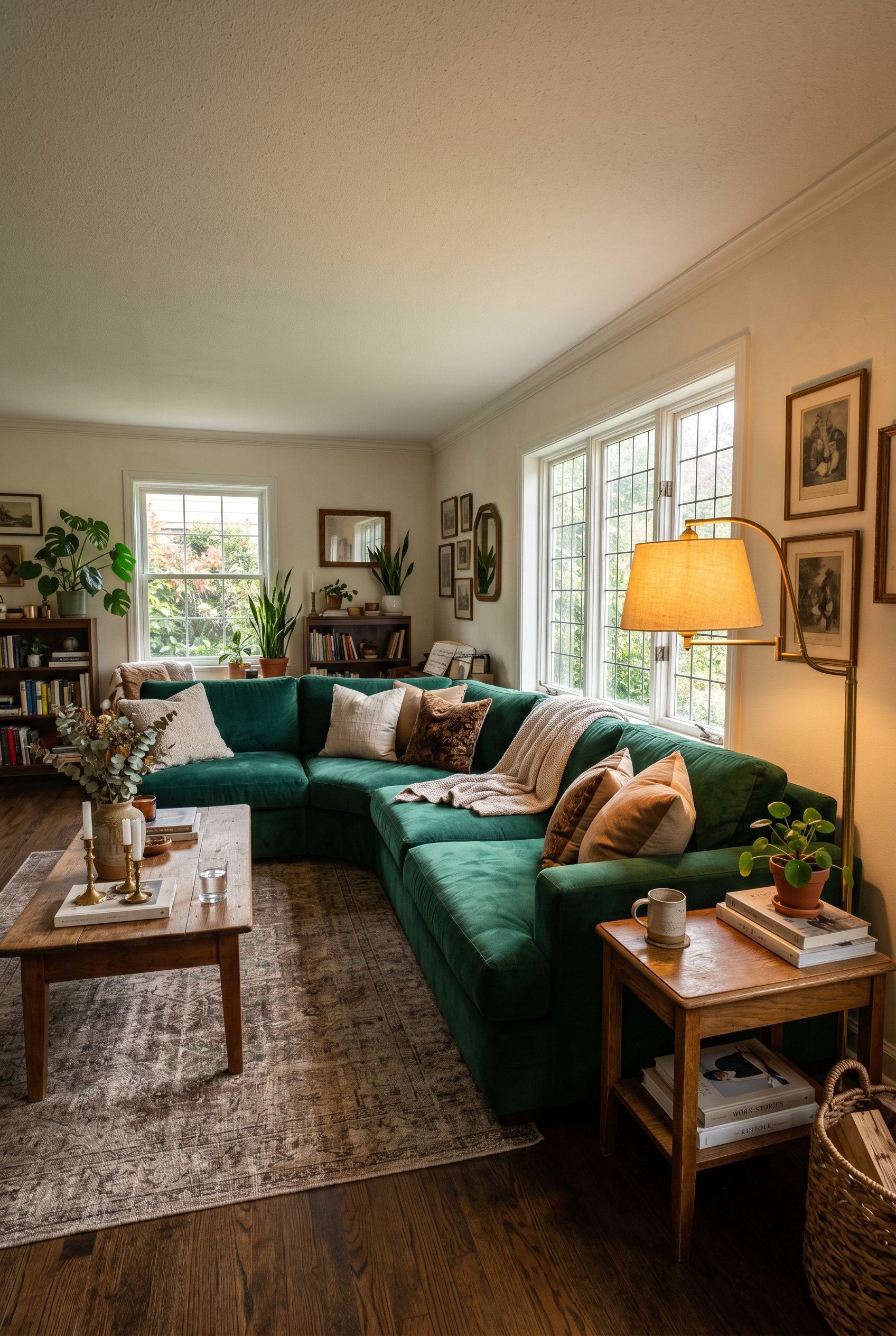 Photorealistic interior photo. Massive curved deep emerald green mohair sectional sofa in a living room, acting as a visual anchor. Dark hardwood floors, vintage brass floor lamp. Editorial photograph