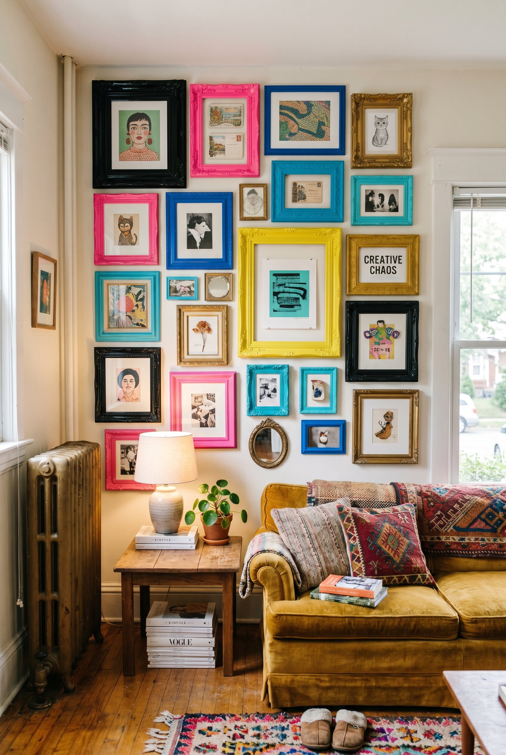 Photorealistic interior photo. Massive floor-to-ceiling gallery wall in a living room made entirely of mismatched, ornate vintage frames spray-painted in unexpected colors like neon pink and high-glos