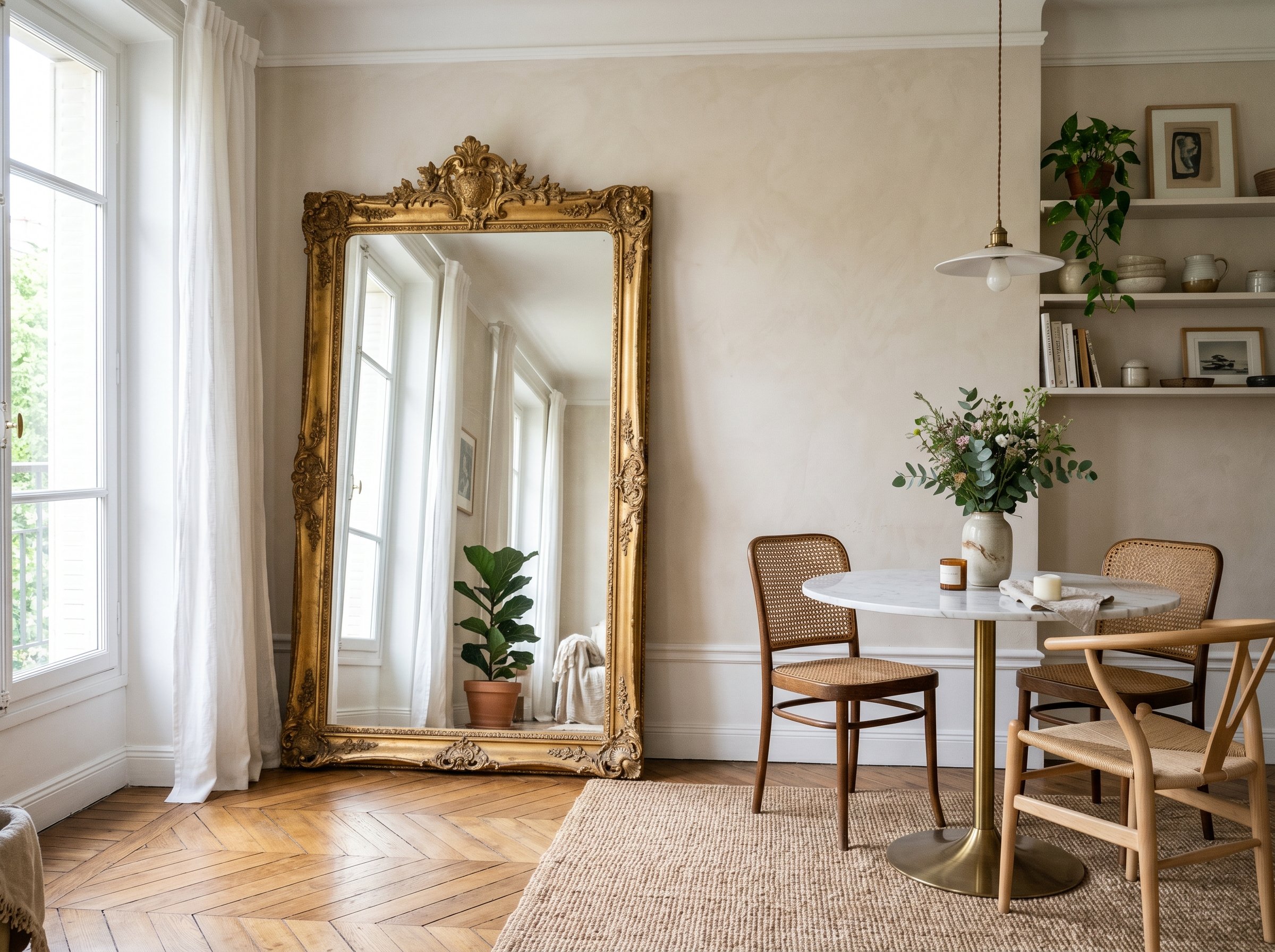 Photorealistic interior photo. Massive vintage ornate gold floor mirror leaning against a wall next to a small marble dining table, reflecting window light, airy apartment styling, wide angle. Editori