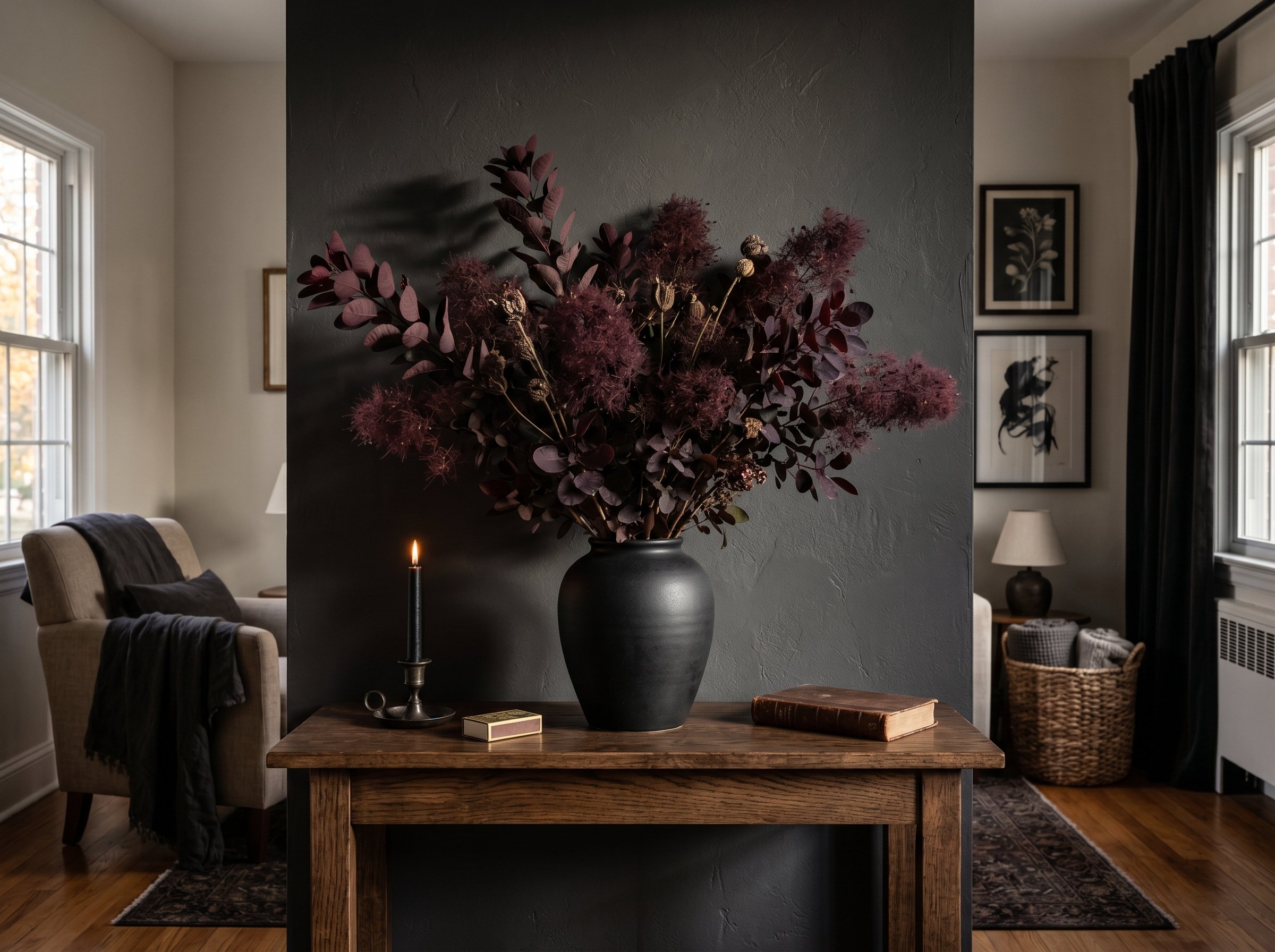 Photorealistic interior photo. Matte black ceramic vase filled with dark purple smoke bush branches on a dark oak console table, minimalist gothic autumn style, dramatic directional lighting, straight