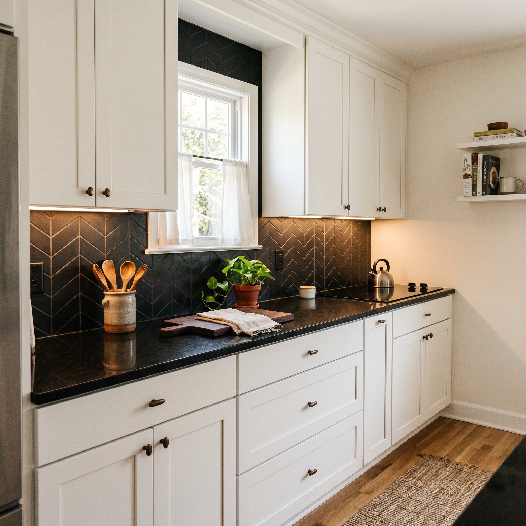 Photorealistic interior photo. Matte black chevron tile backsplash, white shaker cabinets, absolute black granite countertop, warm ambient lighting. Editorial photography style, slightly angled perspe