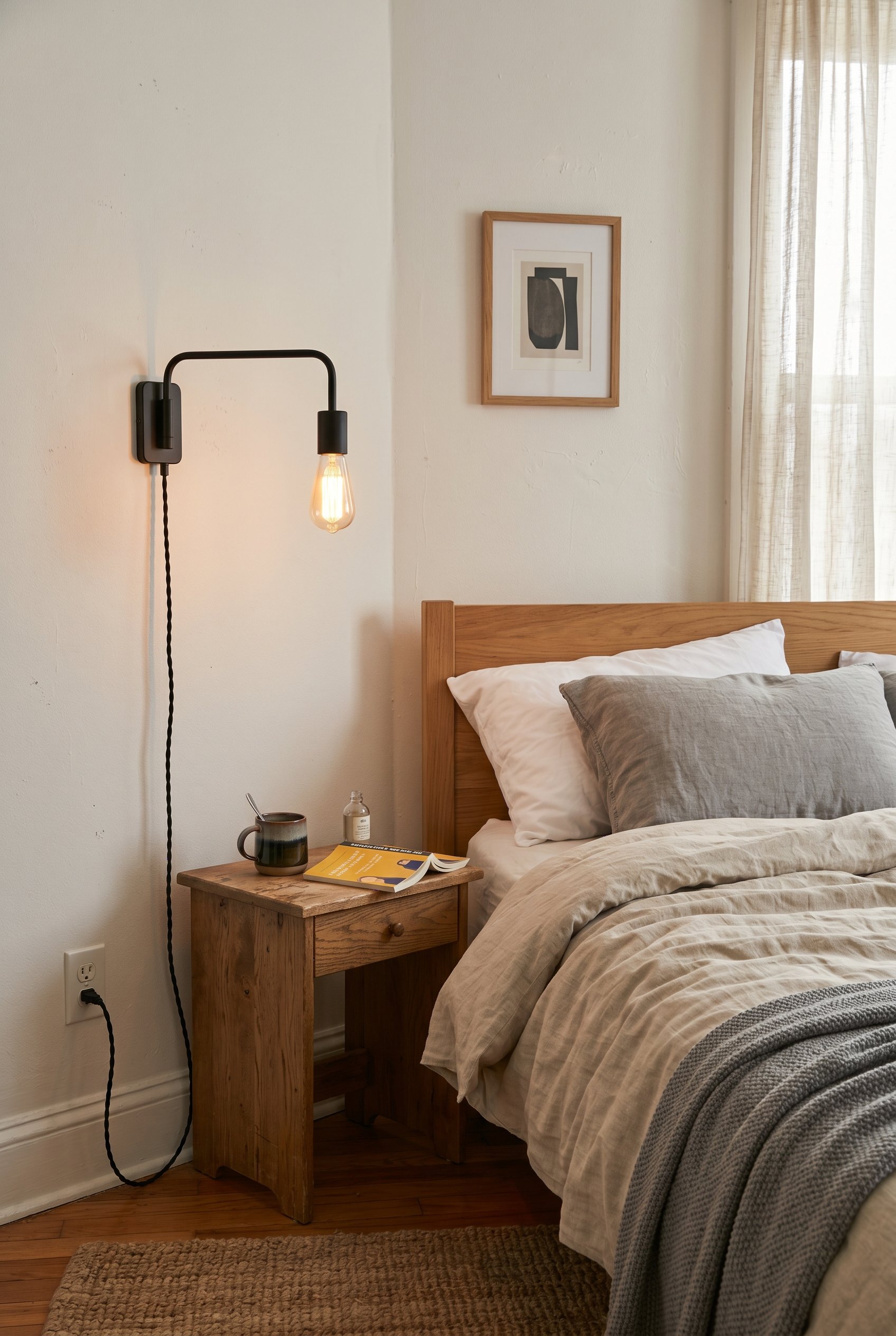 Photorealistic interior photo. Matte black plug-in wall sconce with an exposed cord hanging beside a bed, warm glowing bulb, eye-level camera angle. Editorial photography style, no people visible.