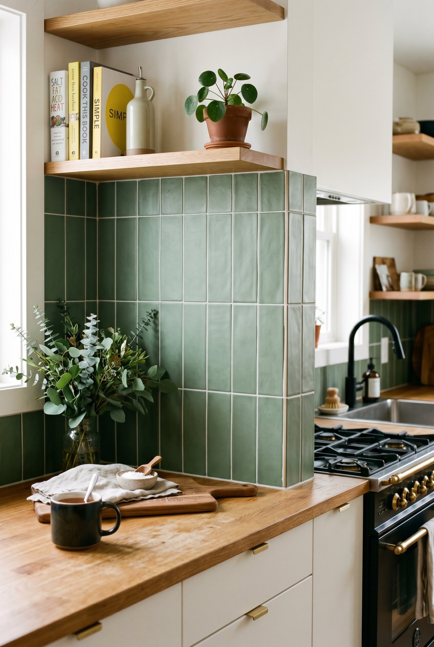 Photorealistic interior photo. Matte green ceramic tiles in a vertical stacked grid backsplash. Modern minimalist kitchen, bright and airy lighting, close-up angled shot. Editorial photography style,