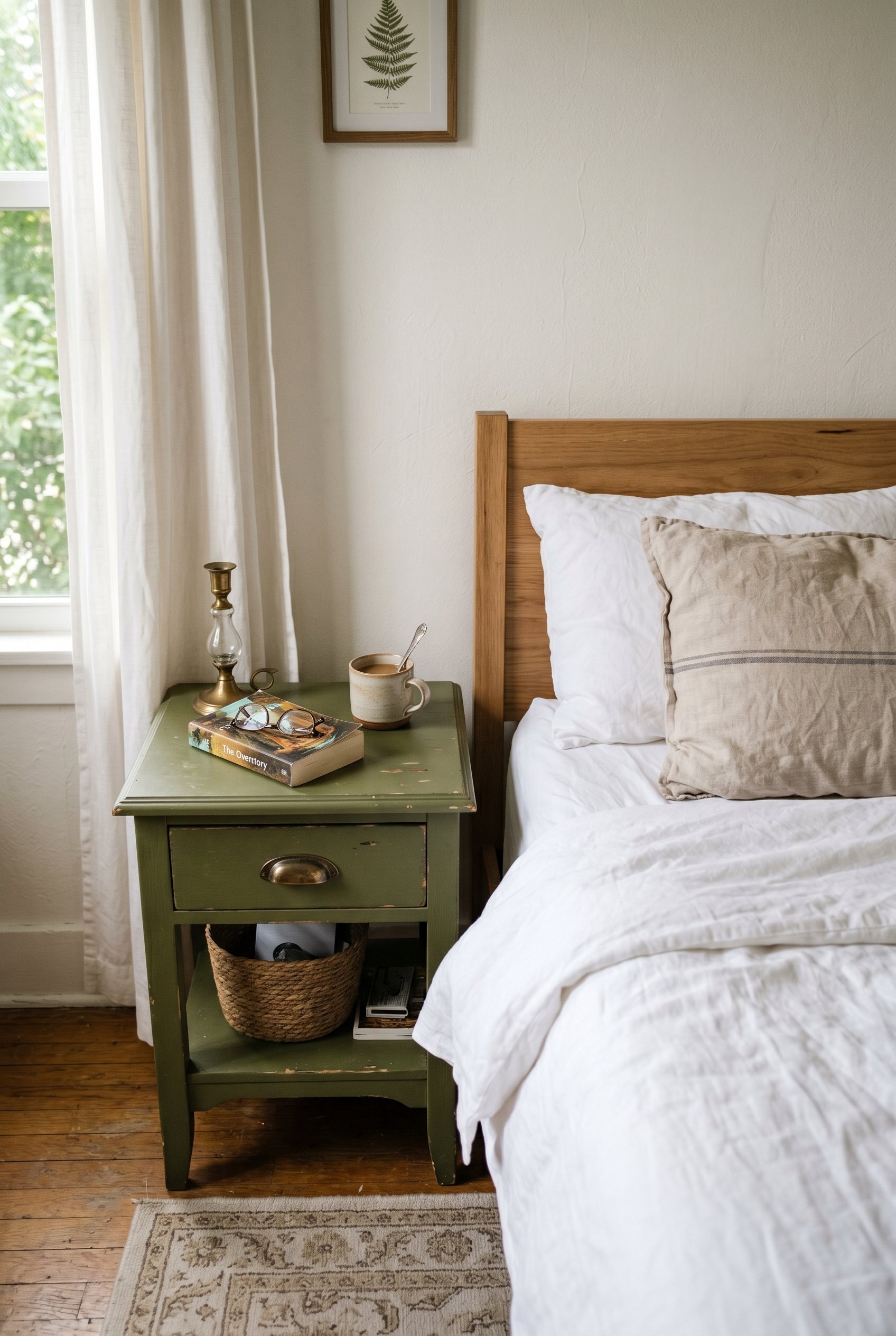 Photorealistic interior photo. Matte olive green painted vintage wood nightstand next to a bed, crisp white sheets, morning light, close-up camera angle. Editorial photography style, no people visible