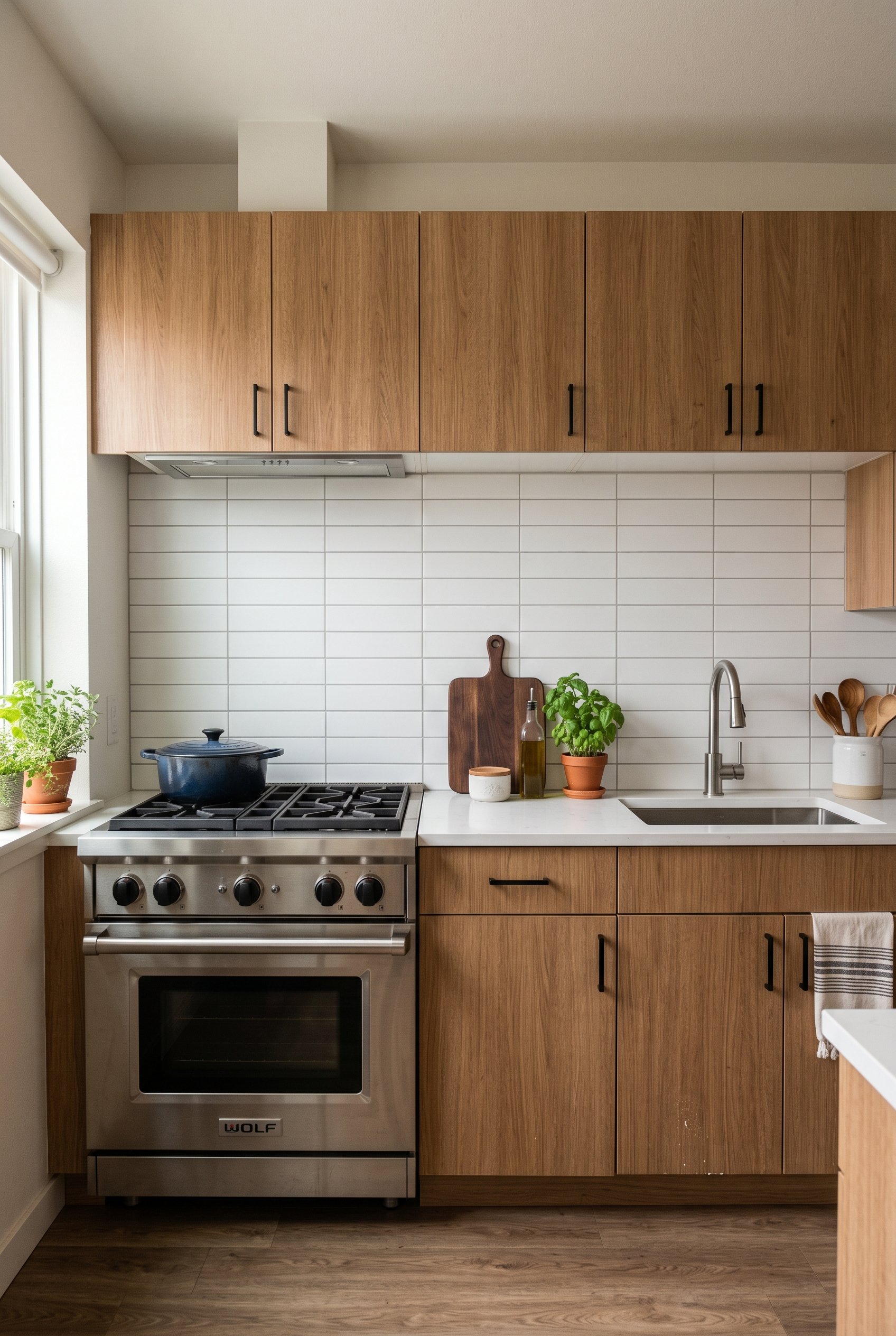 Photorealistic interior photo. Matte white horizontal stacked subway tile backsplash in a contemporary kitchen. Flat modern cabinets, bright even lighting, straight-on camera angle. Editorial photogra