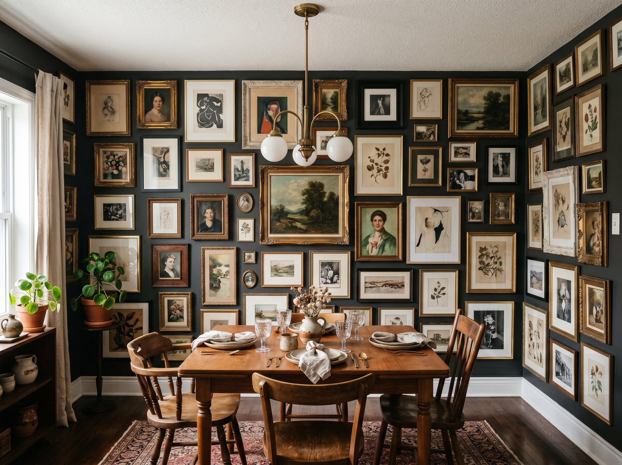 Photorealistic interior photo. Maximalist floor-to-ceiling gallery wall in a dining room, mixing vintage and modern frames tightly packed. Dark wall background. Editorial photography style, no people 
