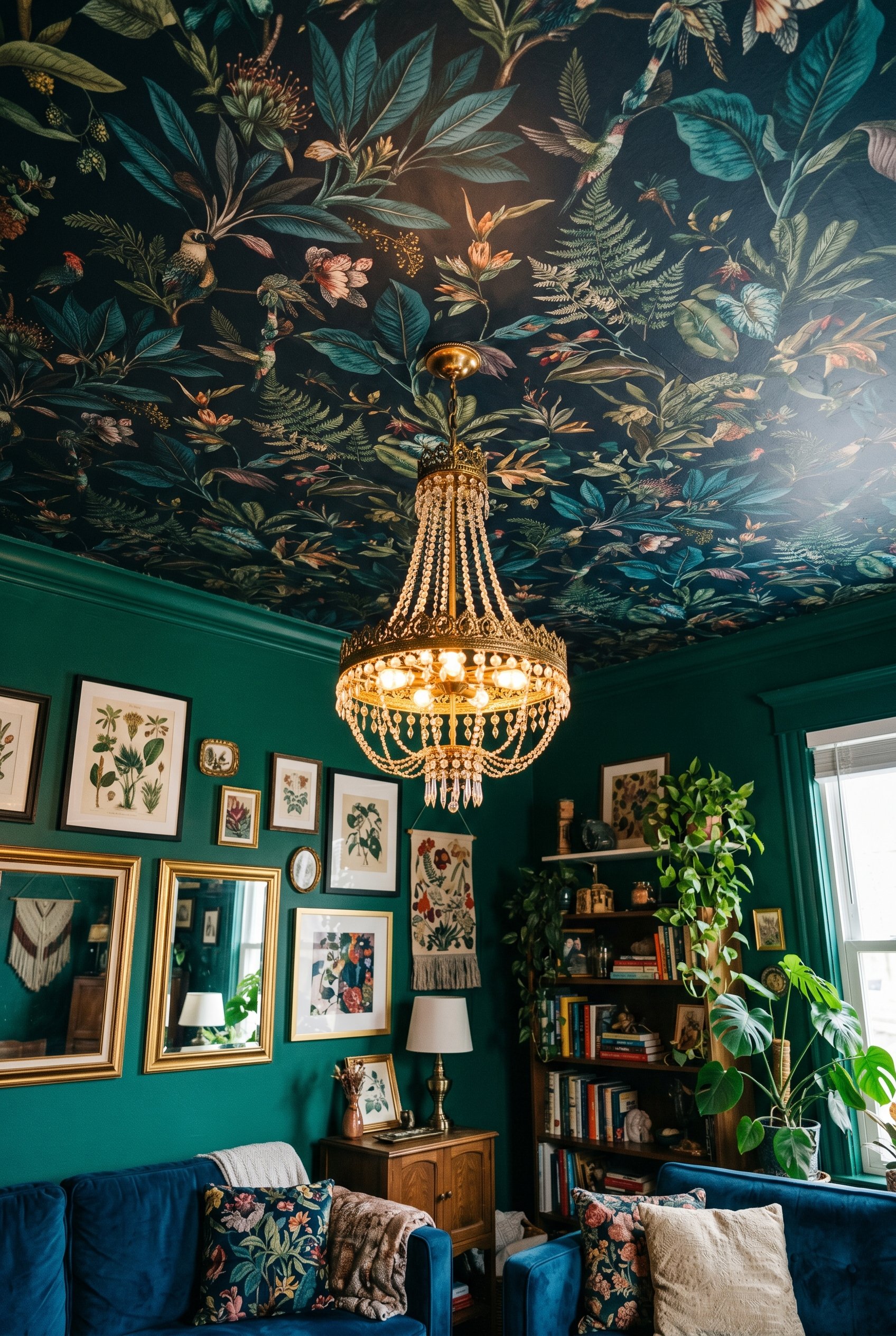 Photorealistic interior photo. Maximalist living room ceiling covered in a wild, large-scale dark botanical peel-and-stick wallpaper. Walls painted a deep jewel tone. Dramatic chandelier. Editorial ph