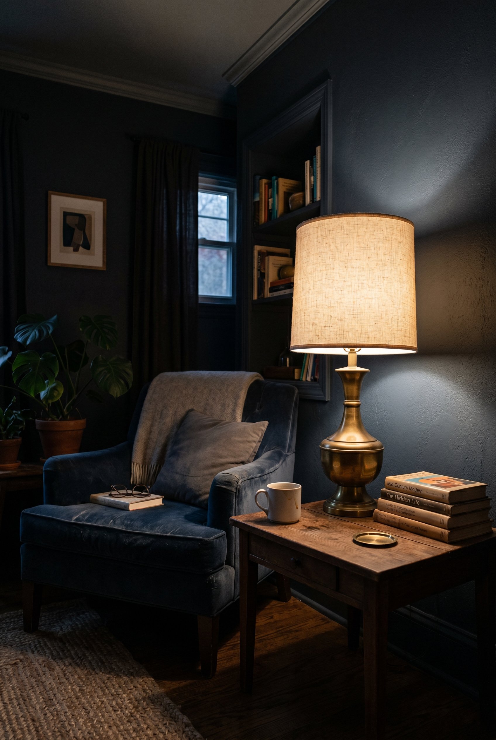 Photorealistic interior photo. Mid-century brass table lamp emitting a warm dim glow in a dark corner, moody dramatic lighting, eye-level camera angle. Editorial photography style, no people visible.