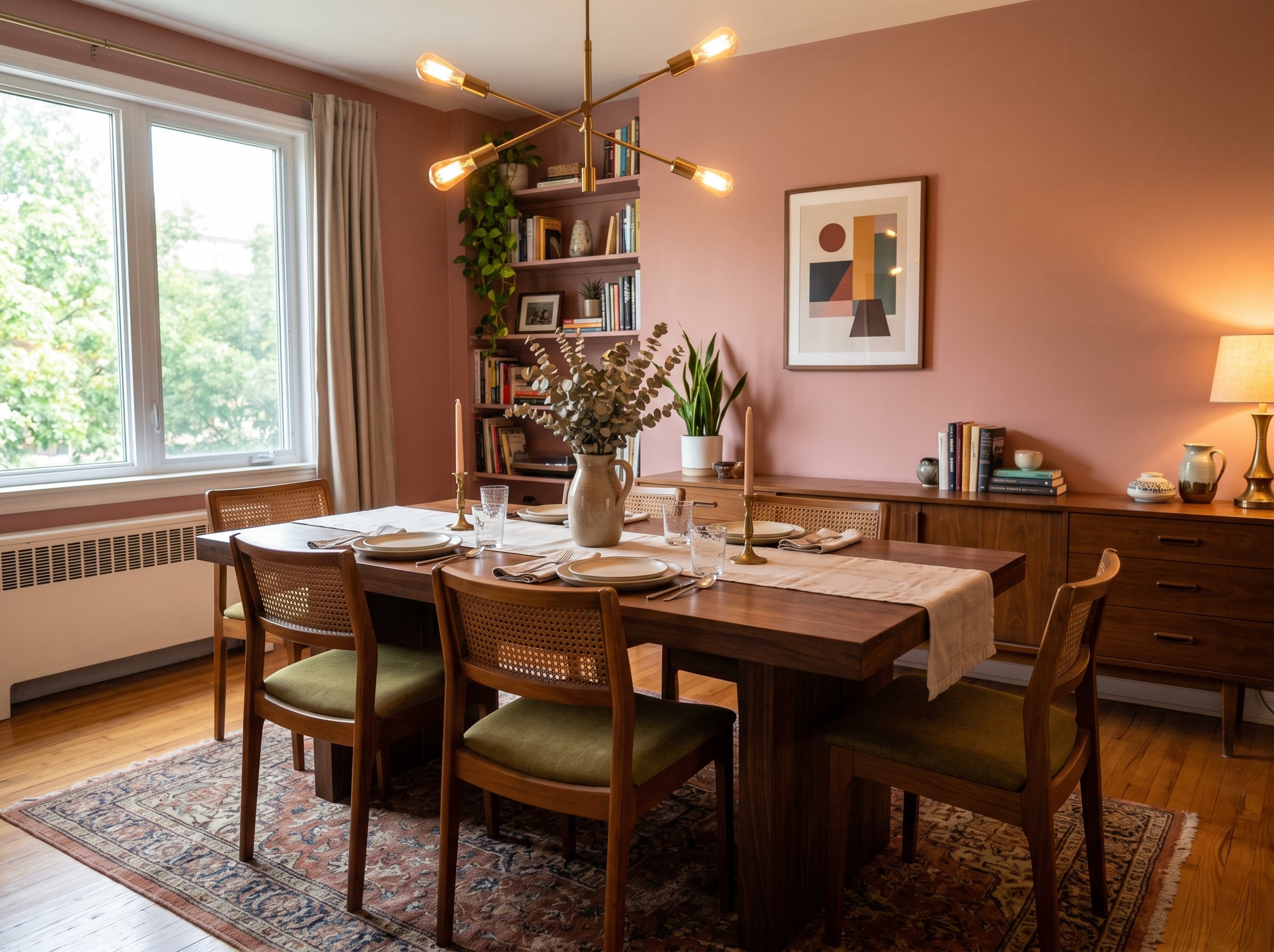 Photorealistic interior photo. Mid-century modern dining room, heavy dark walnut dining table against dusty rose walls, 2700K warm lighting, eye-level camera angle. Editorial photography style, no peo