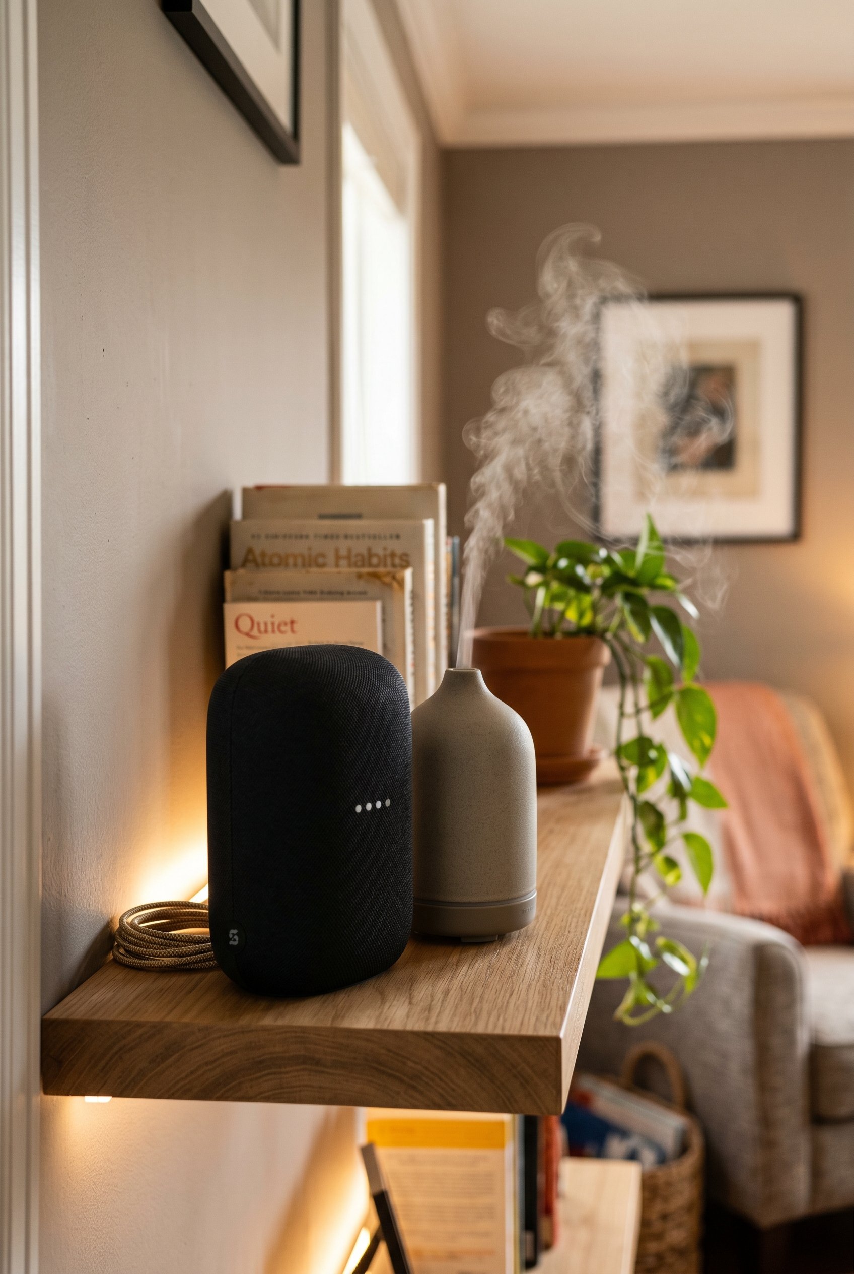 Photorealistic interior photo. Minimalist black smart speaker on a wooden shelf next to a sleek ceramic oil diffuser emitting a fine mist, warm ambient shelf lighting, macro product angle. Editorial p