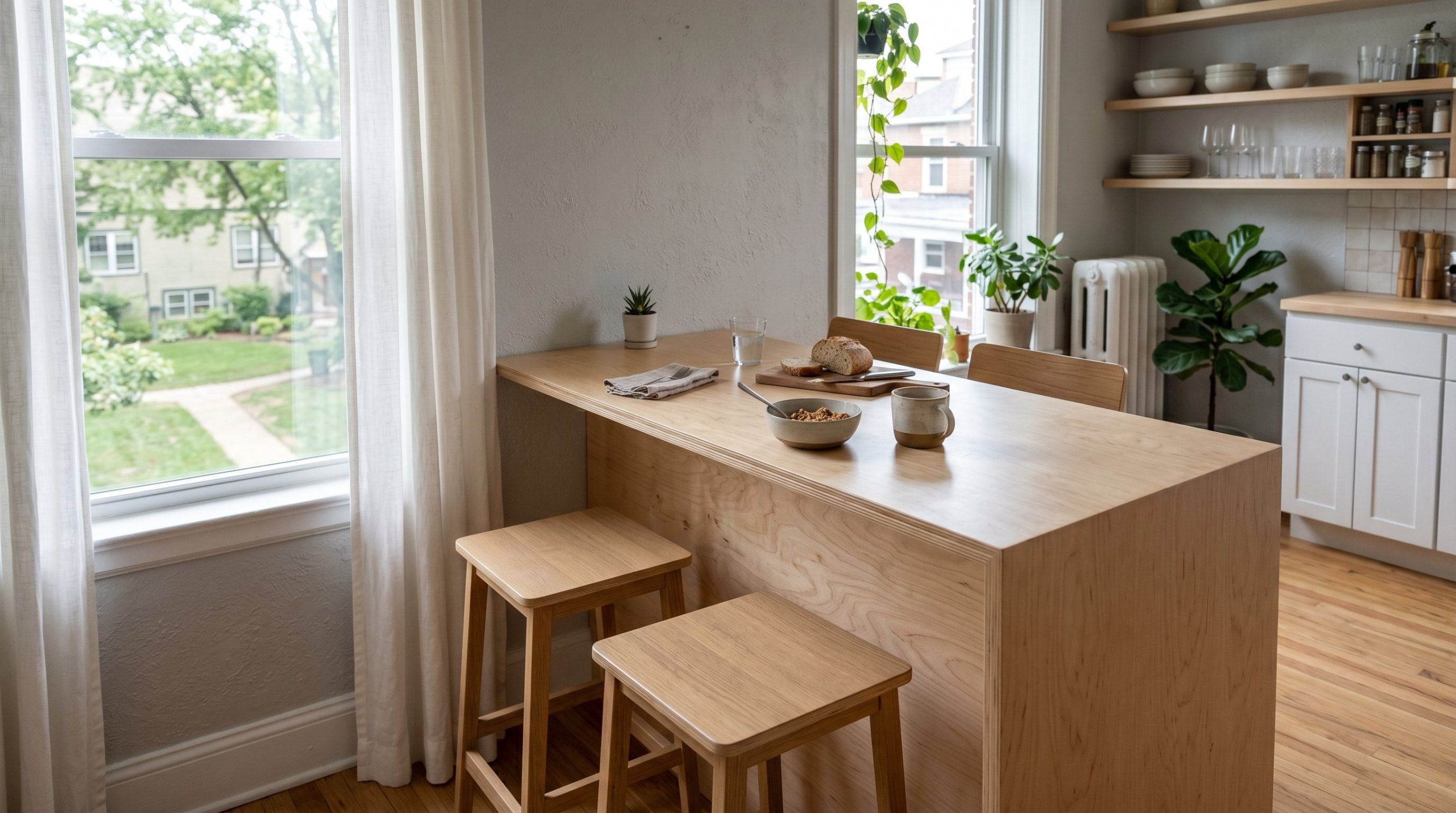 Photorealistic interior photo. Minimalist breakfast bar made entirely of light birch plywood featuring a seamless waterfall edge dropping to the floor. Smooth matte finish, Scandinavian aesthetic. Sof