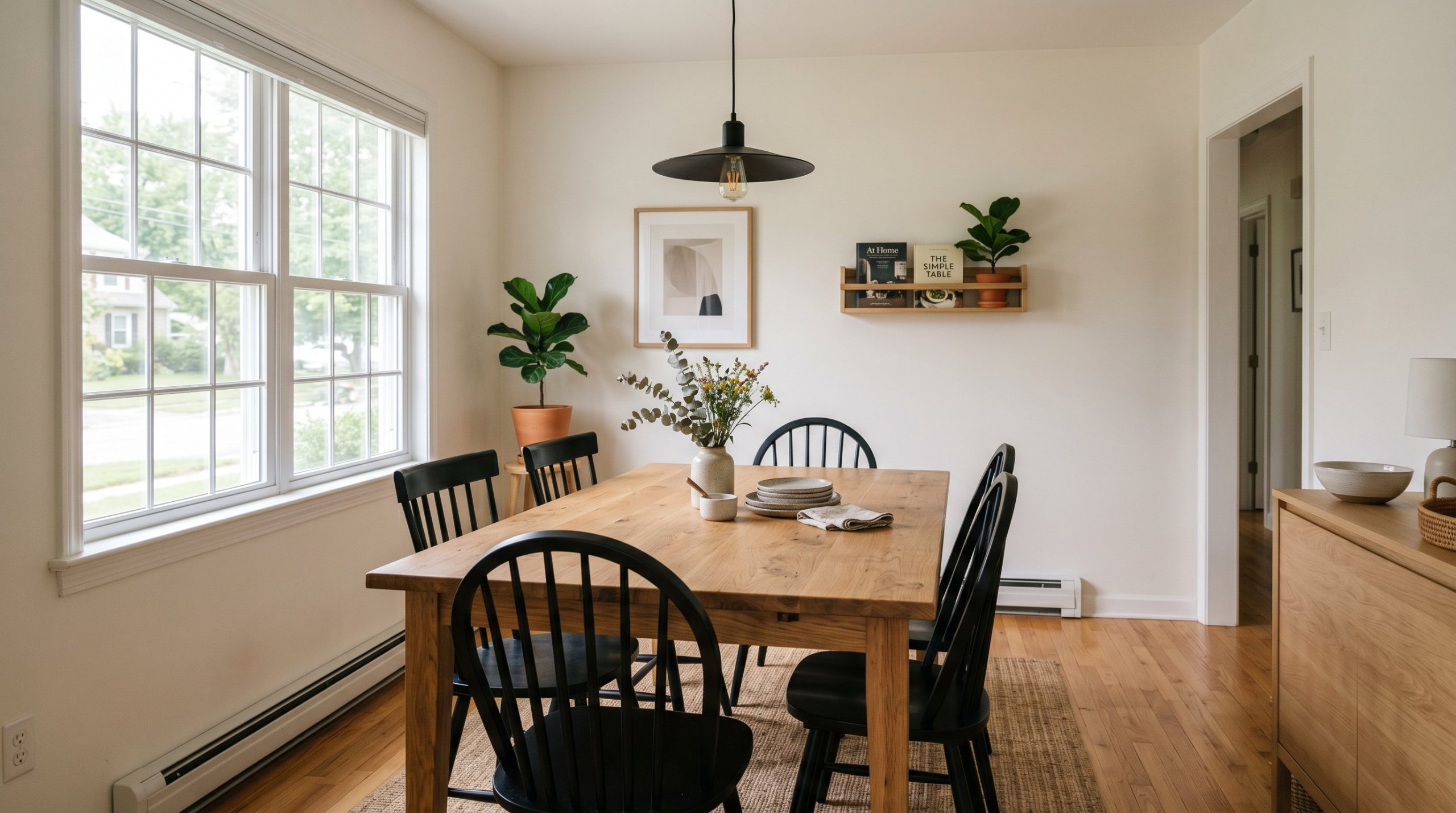 Photorealistic interior photo. Minimalist dining room with a raw oak dining table surrounded by matte black spindled Windsor chairs, bright diffused lighting, wide camera angle. Editorial photography 