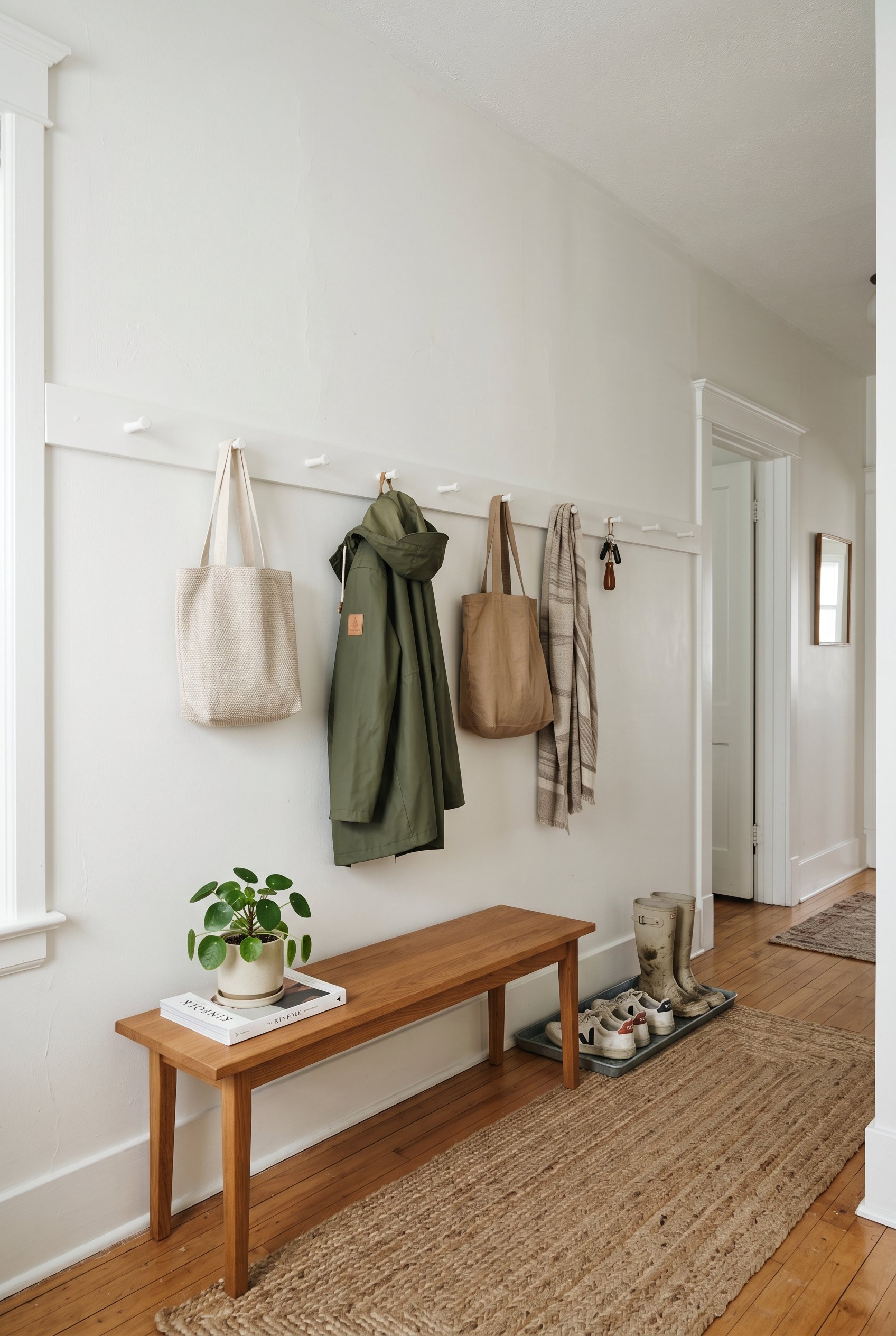 Photorealistic interior photo. Minimalist entryway featuring a long Shaker-style wooden peg rail painted the exact same white color as the wall behind it, soft natural lighting, straight-on wide camer