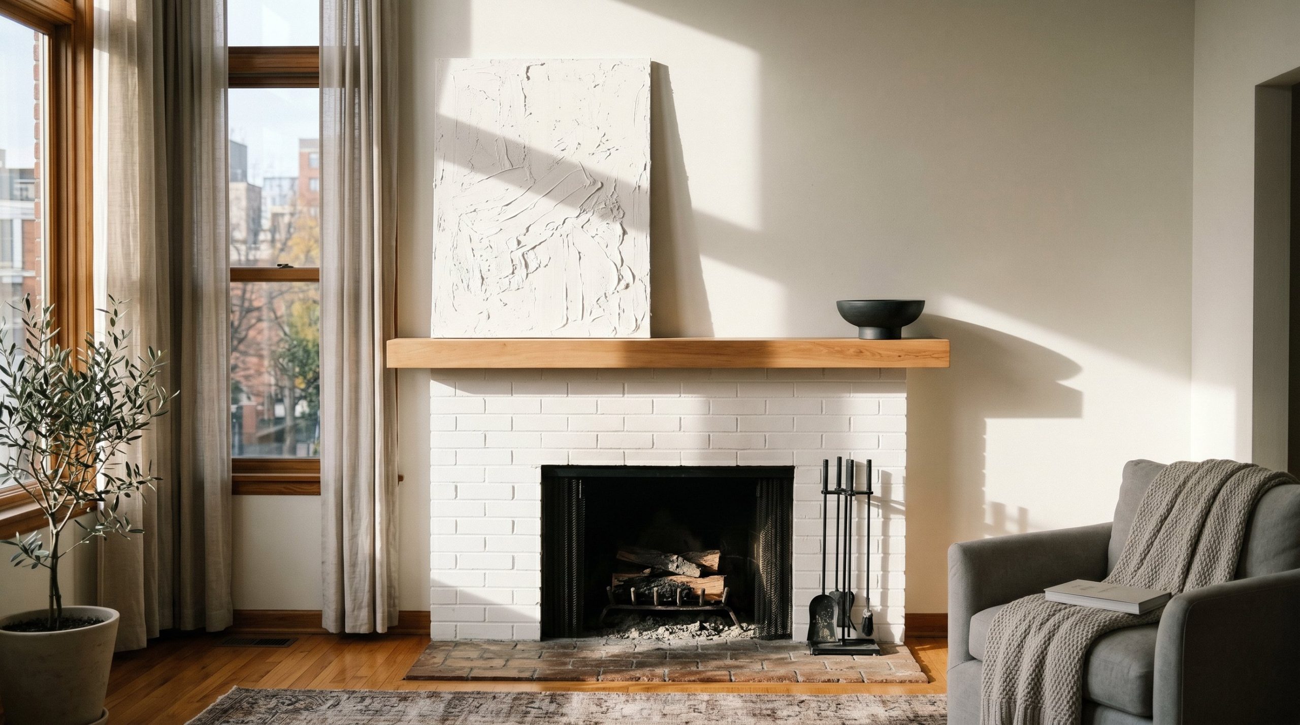 Photorealistic interior photo. Minimalist fireplace mantel demonstrating intentional negative space. 70 percent of the ledge is completely empty. A single massive textured white canvas leans off-cente