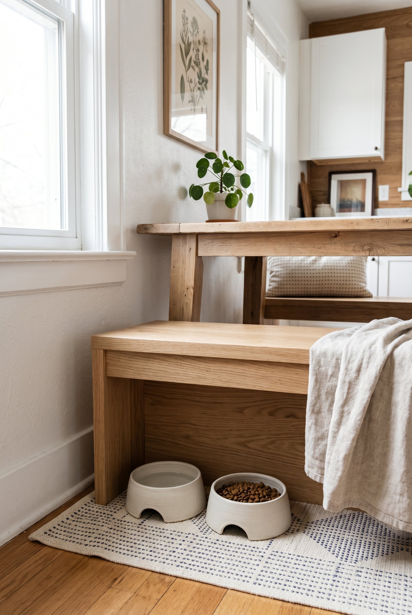 Photorealistic interior photo. Minimalist wooden dining bench with an integrated dog feeding station underneath, arched ceramic bowls on a washable flatweave rug, bright daylight, close up angle. Edit