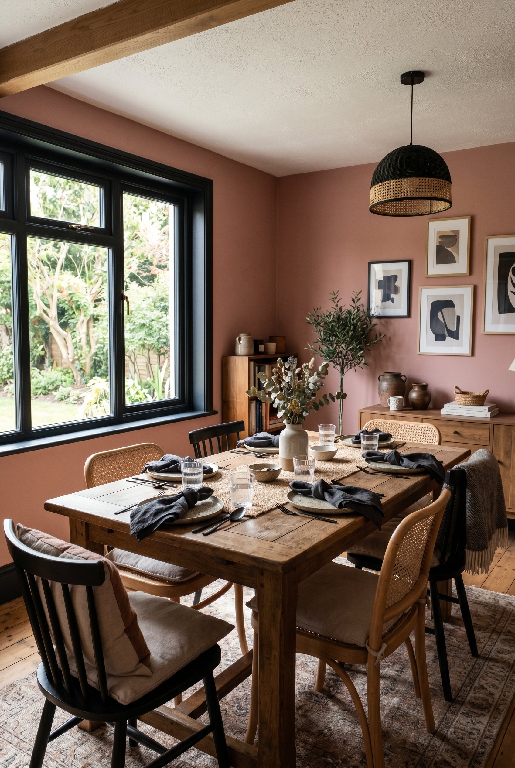 Photorealistic interior photo. Modern dining room with dusty rose walls and stark matte black window frames, charcoal linen napkins on a wooden table, high contrast lighting, angled camera shot. Edito