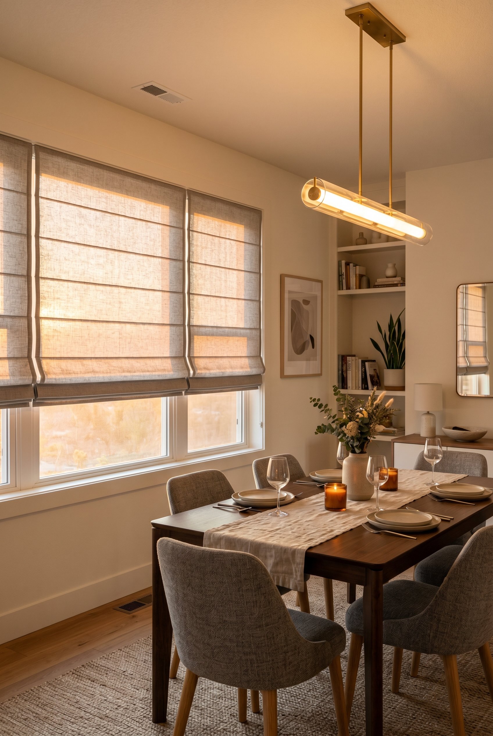 Photorealistic interior photo. Modern dining room with sleek motorized Roman shades drawn down over the windows. Clean lines, warm sunset light filtering in. Editorial photography style, no people vis