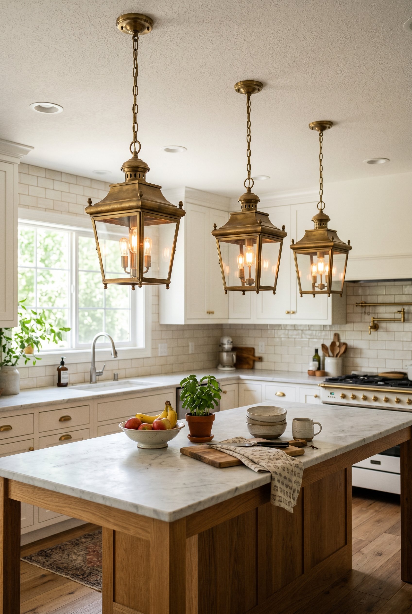 Photorealistic interior photo. Modern kitchen island featuring solid brass colonial lantern-style pendant lights hanging above, bright natural lighting, low camera angle looking up slightly at the fix