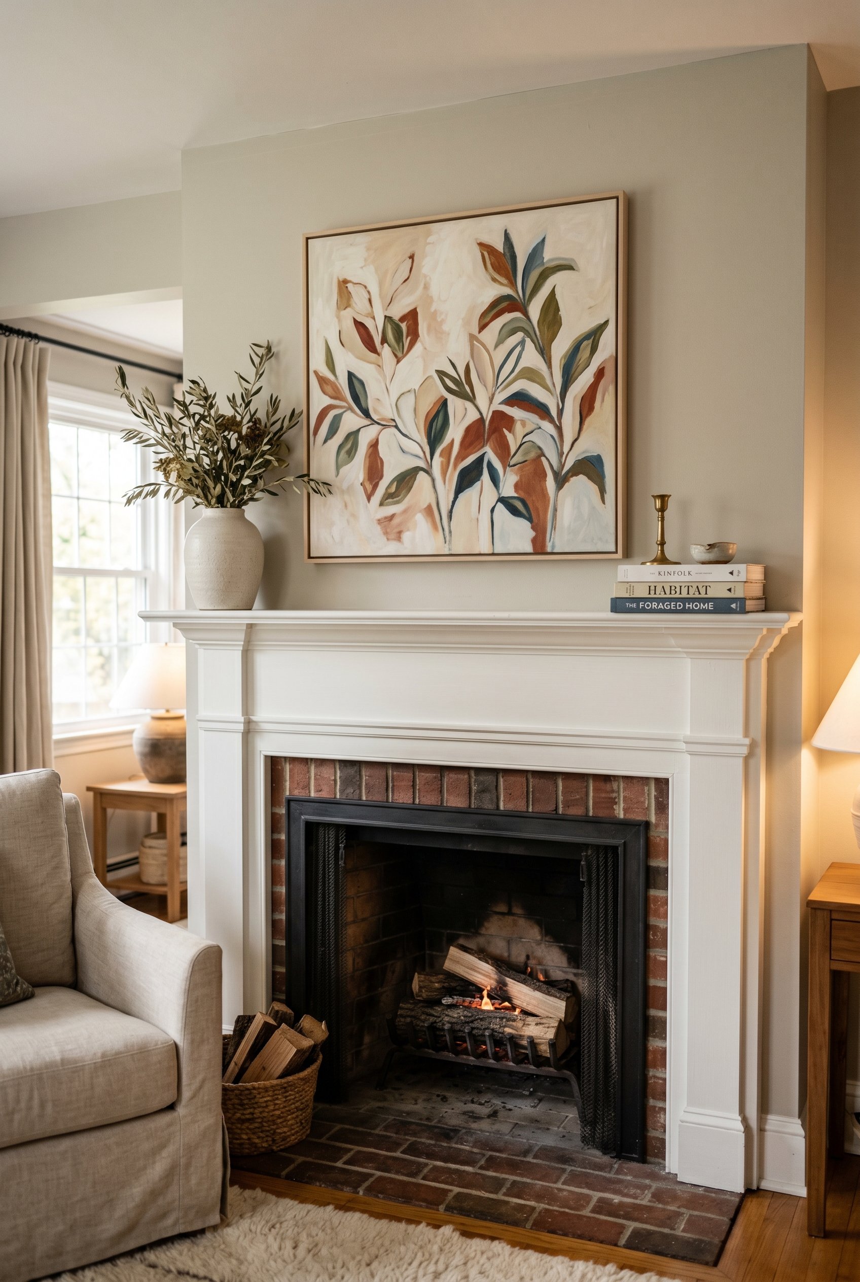 Photorealistic interior photo. Modern living room fireplace mantle featuring a clear visual triangle styling setup. A large framed canvas in the center, a medium-height structural vase on the left, an