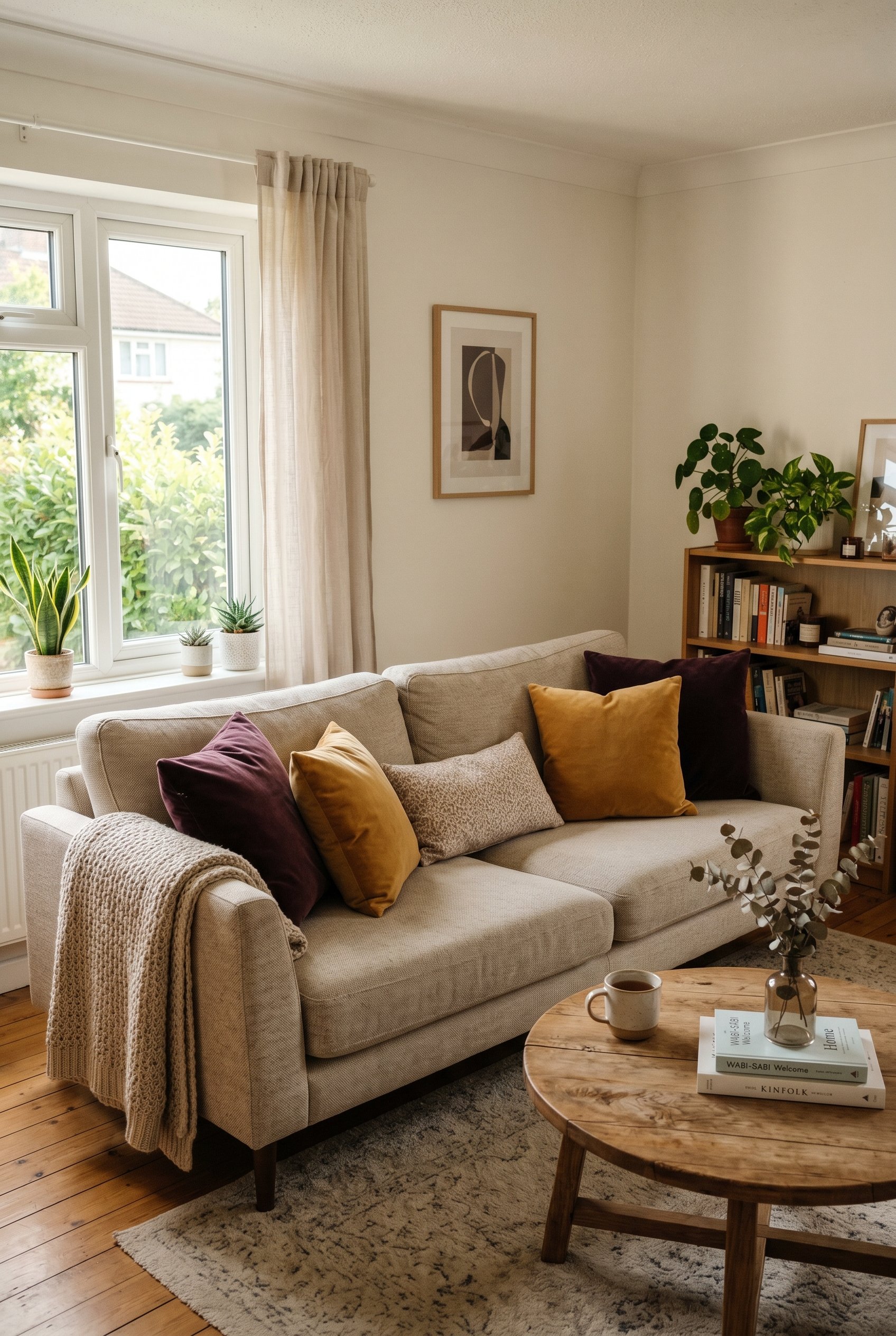 Photorealistic interior photo. Modern living room sofa in a neutral fabric, styled with deep plum and mustard yellow velvet throw pillows, warm natural sunlight streaming through a window, 45-degree c