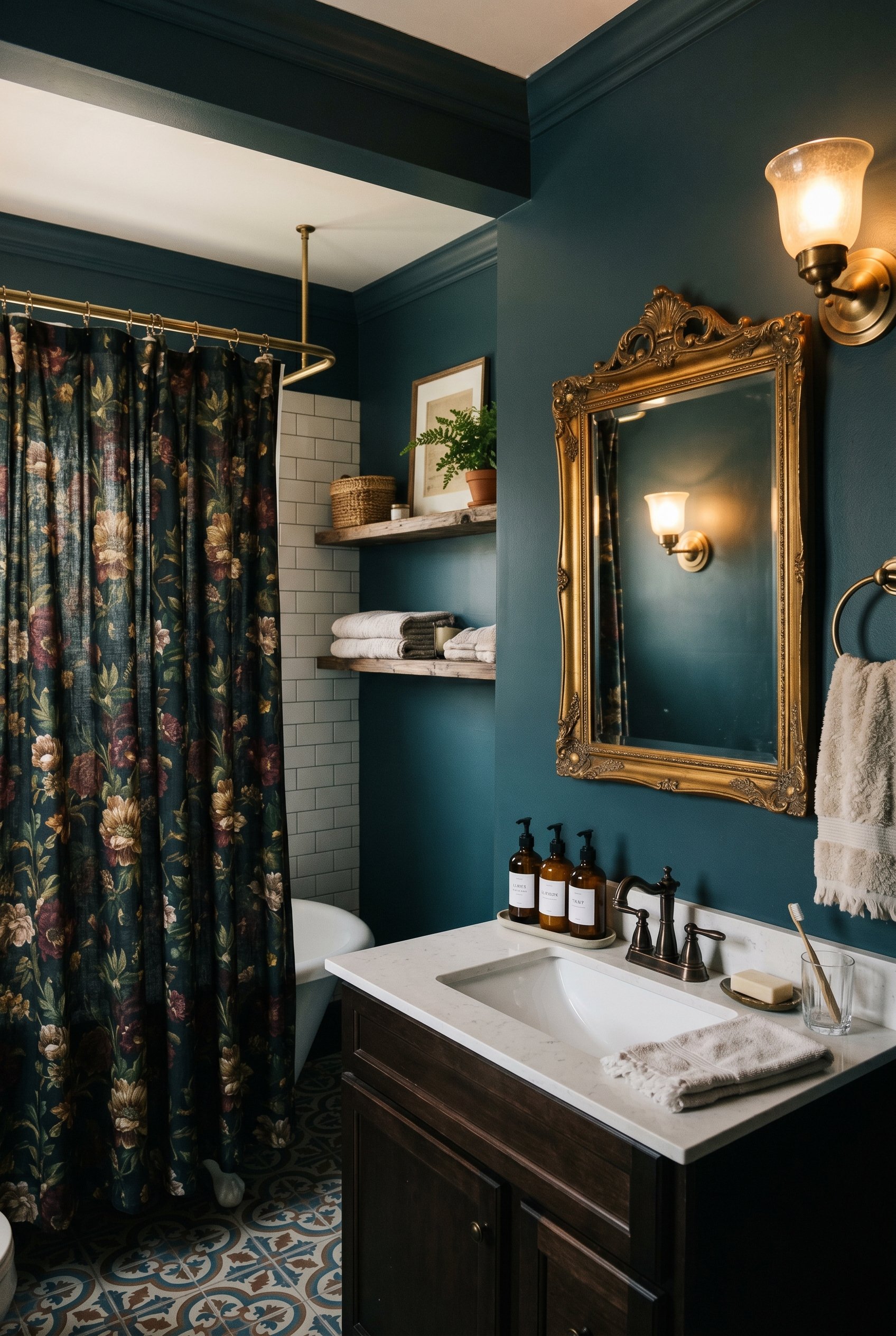 Photorealistic interior photo. Moody bathroom with an ornate gold-framed mirror, dark floral shower curtain, amber glass pump bottles on the ledge. Warm sconce lighting, eye-level camera angle. Editor