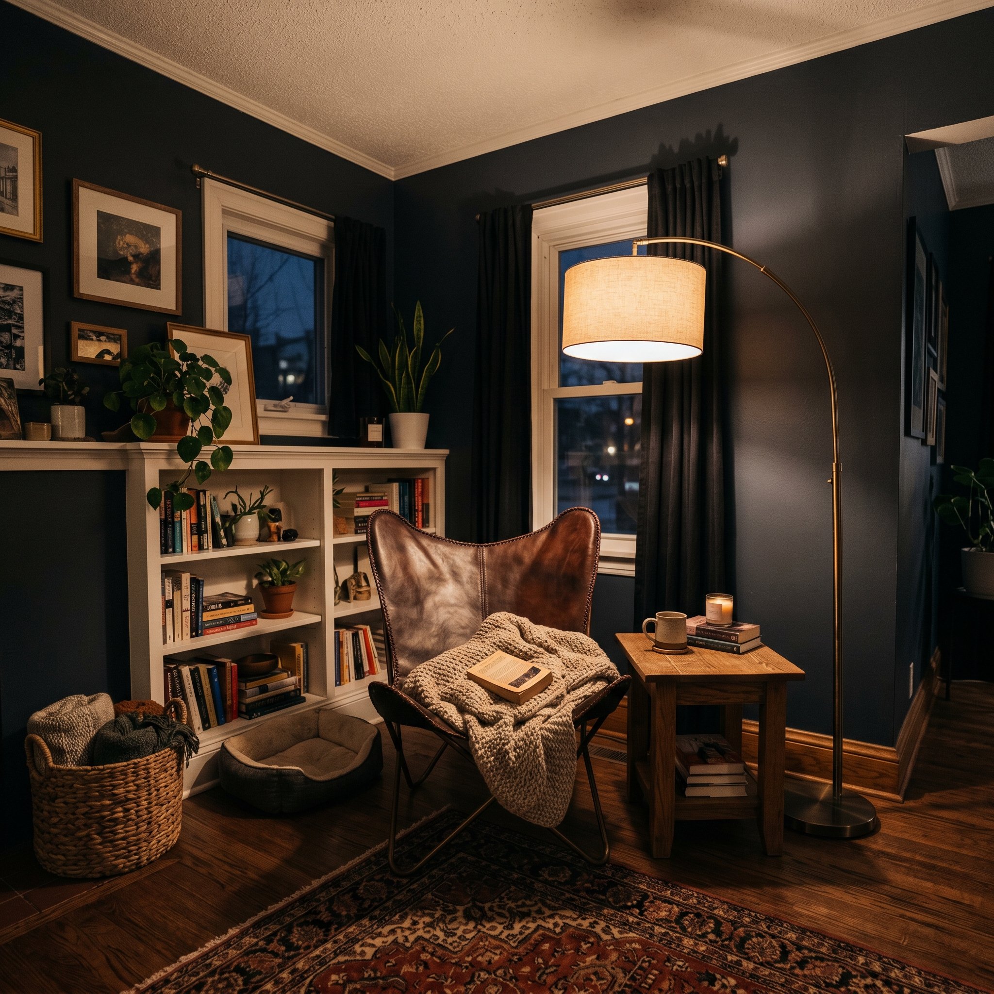Photorealistic interior photo. Moody living room corner, floor lamp glowing with 2000K warm amber smart bulb light, casting deep shadows over a leather armchair, low-light evening setting, wide camera