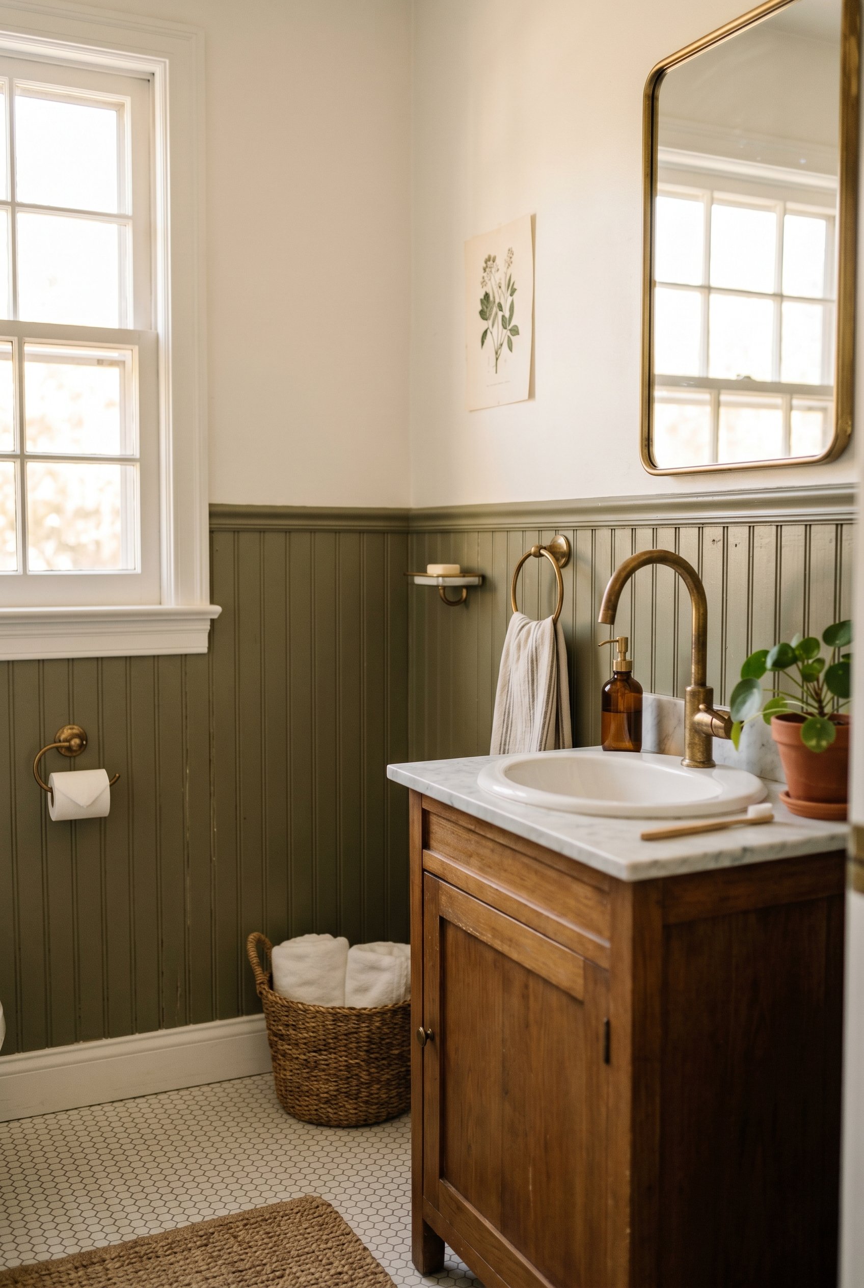 Photorealistic interior photo. Muddy green beadboard half-wall in a bathroom, white upper walls, unlacquered brass fixtures, soft morning light, angled shot. Editorial photography style, no people vis
