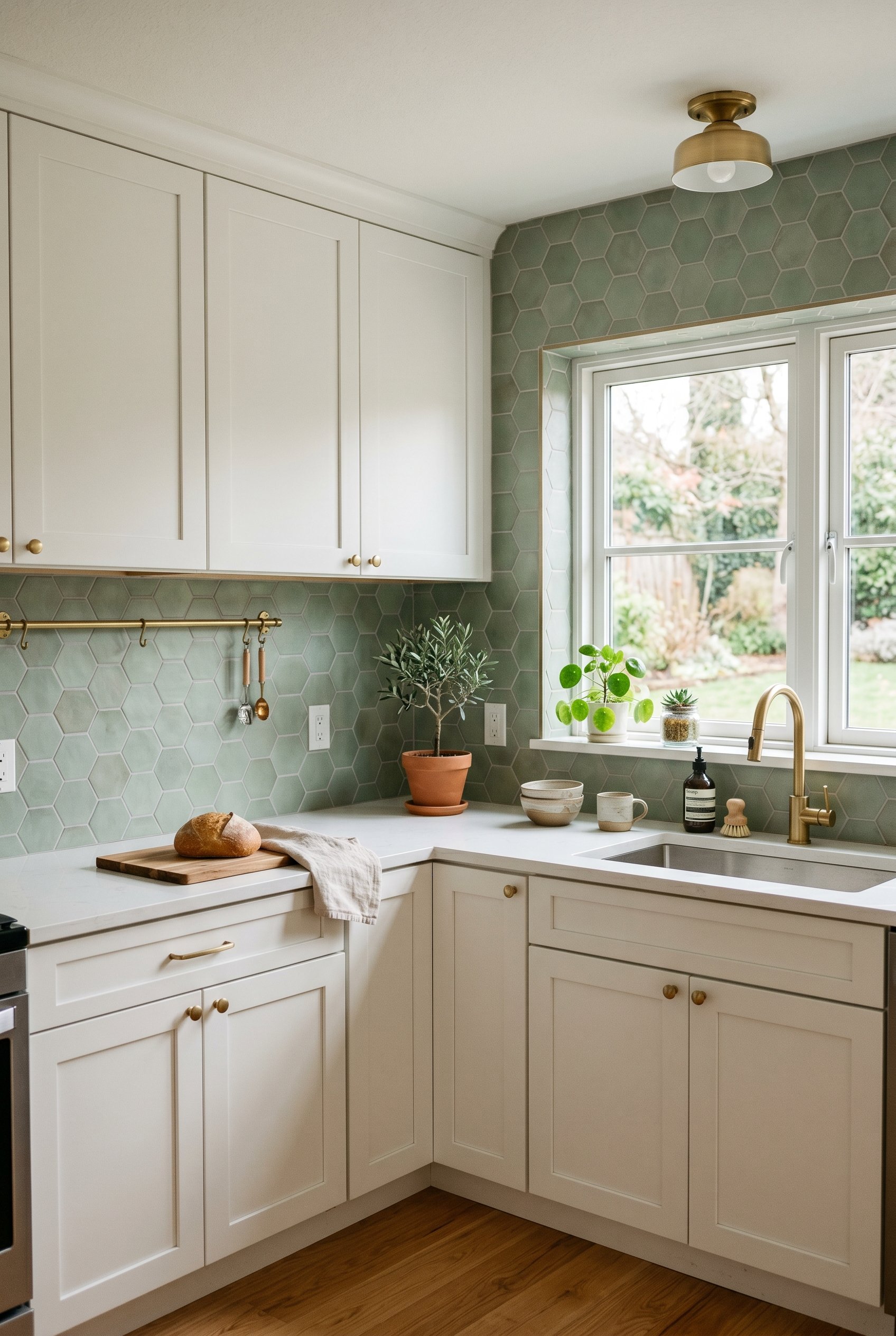 Photorealistic interior photo. Muted sage green recycled glass hexagon tile backsplash, white kitchen cabinets, bright daylight. Editorial photography style, straight on angle, no people visible.