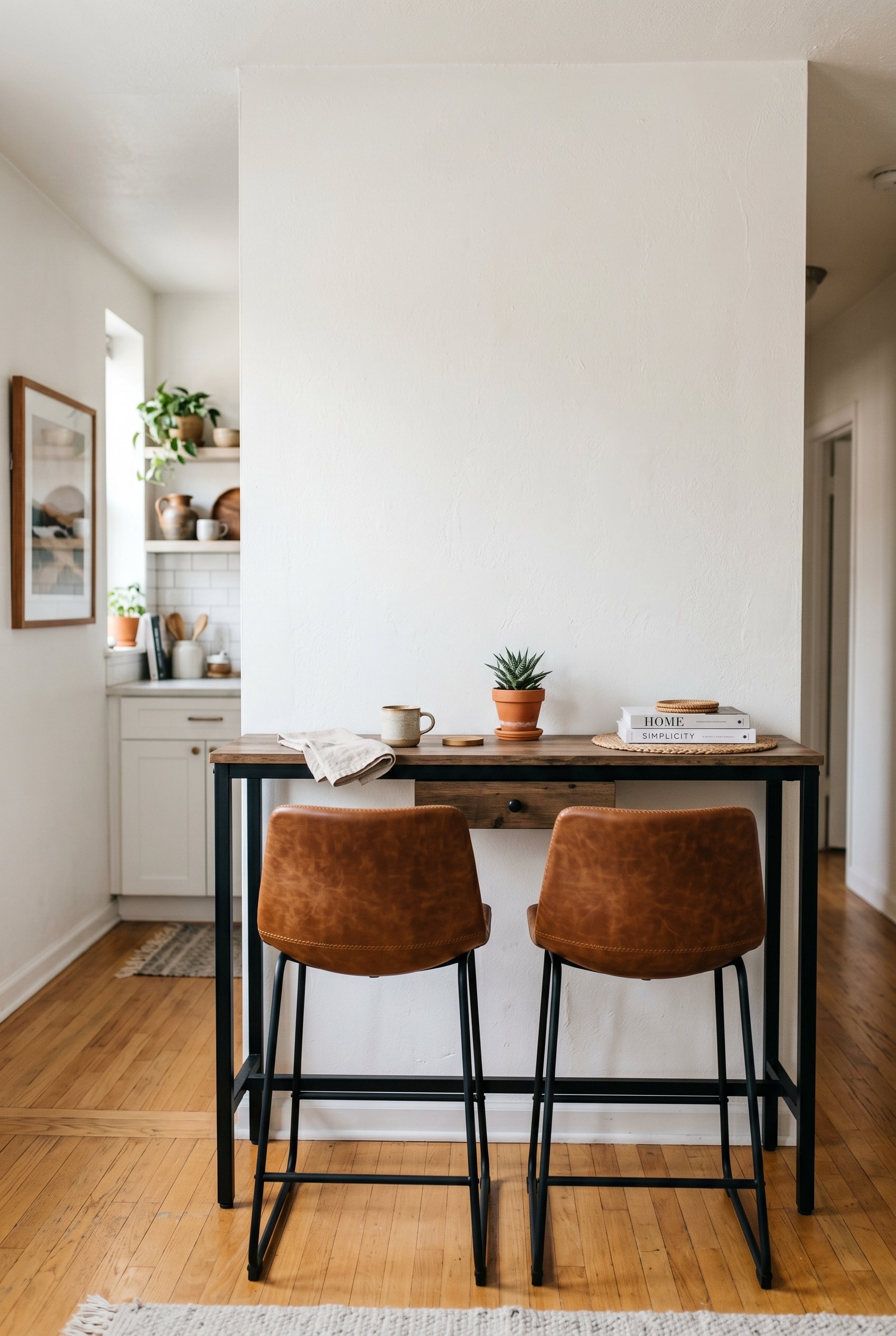 Photorealistic interior photo. Narrow black metal counter-height console table acting as a breakfast bar against a blank white wall, backless leather stools tucked underneath. Diffused indoor lighting