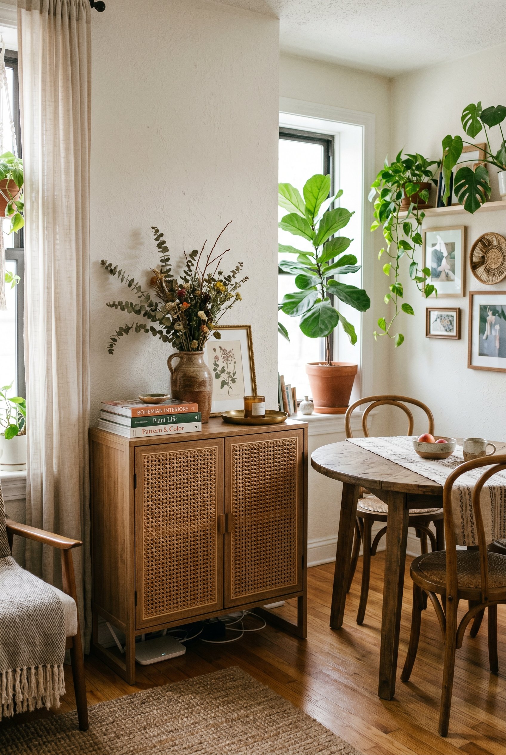Photorealistic interior photo. Narrow cane front credenza near a small dining table, top styled with books and a vase, hiding electronics inside, bright bohemian apartment style, 45-degree angle. Edit