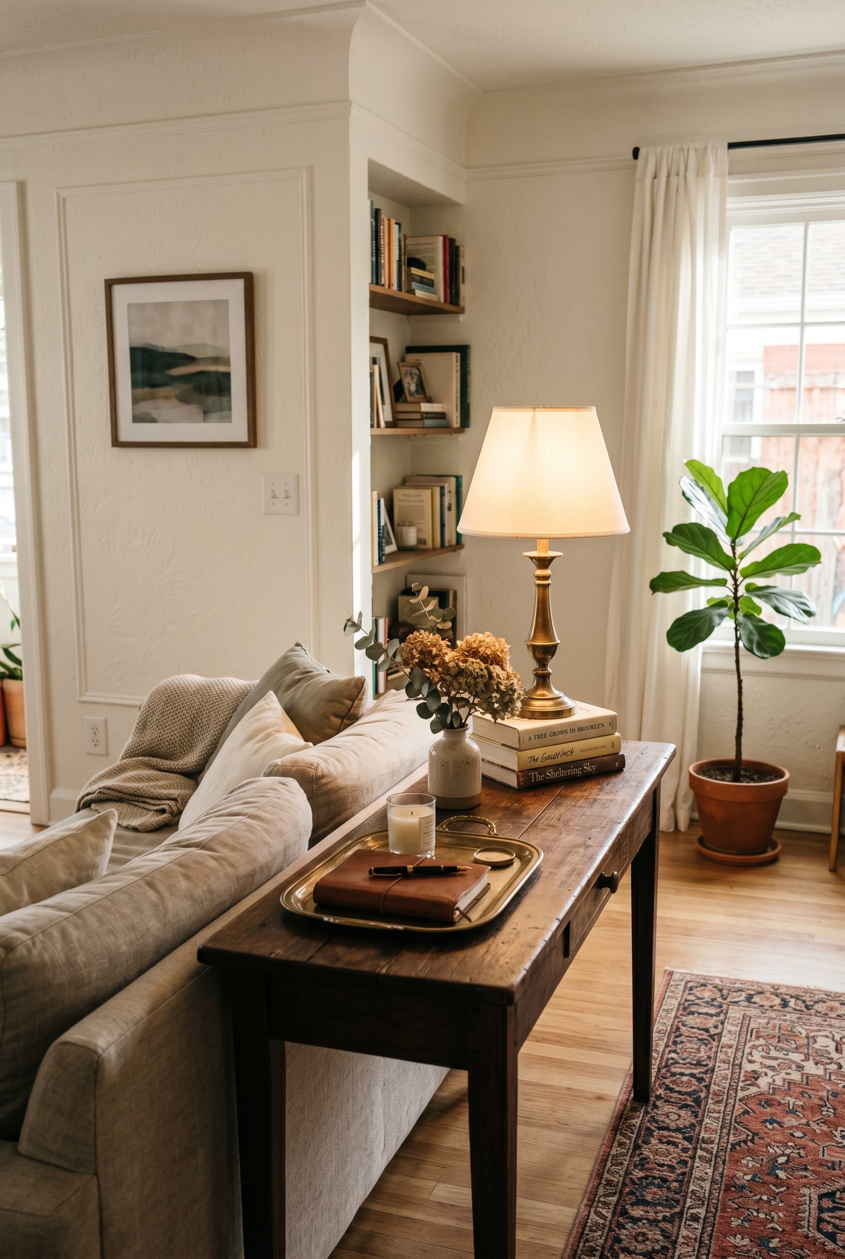 Photorealistic interior photo. Narrow vintage wood desk used as a sofa console table, styled with a table lamp and books, warm afternoon sunlight, side camera angle. Editorial photography style, no pe