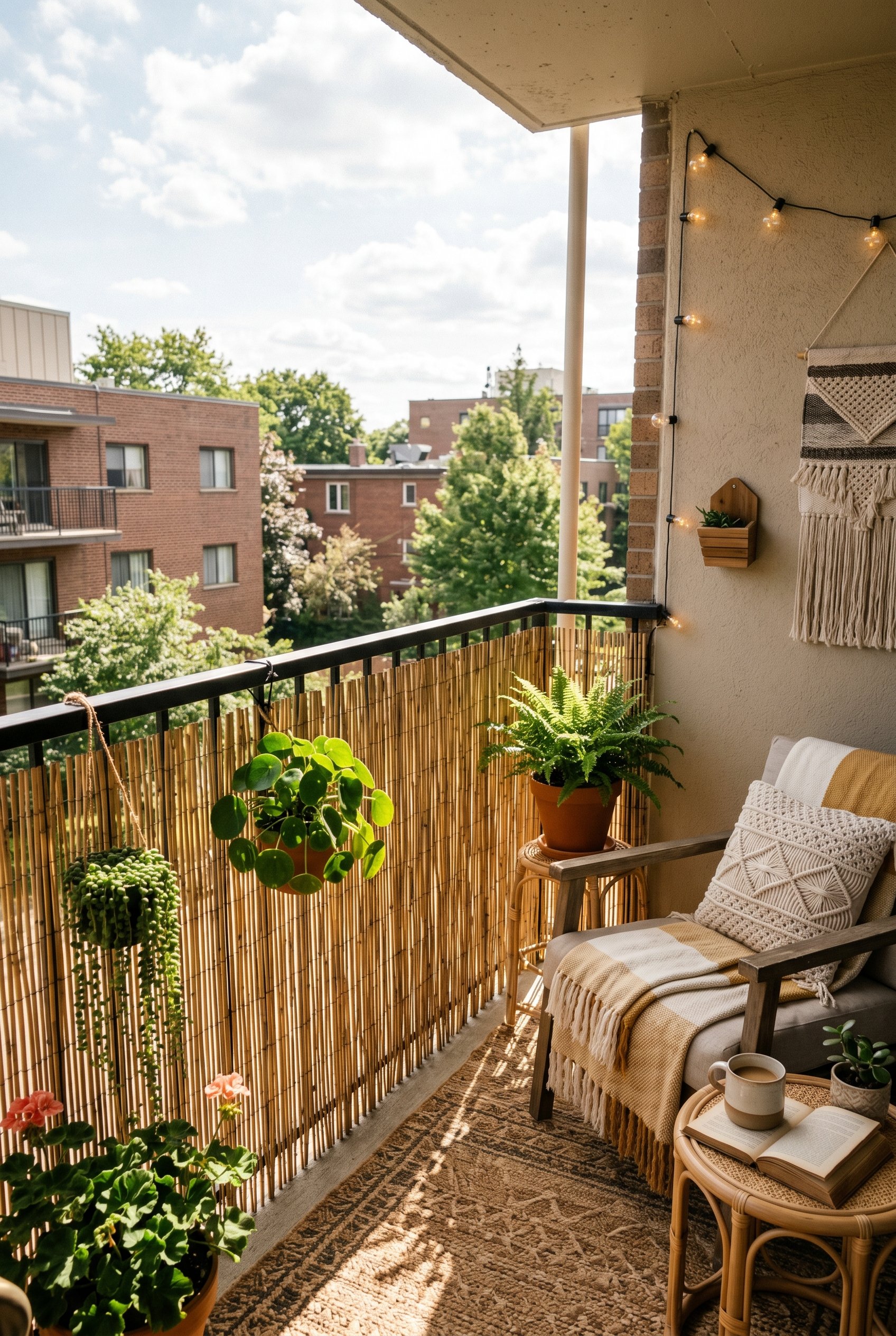 Photorealistic interior photo. Natural bamboo reed privacy fencing neatly attached to a balcony railing, filtering soft sunlight, modern bohemian style. Editorial photography style, no people visible.