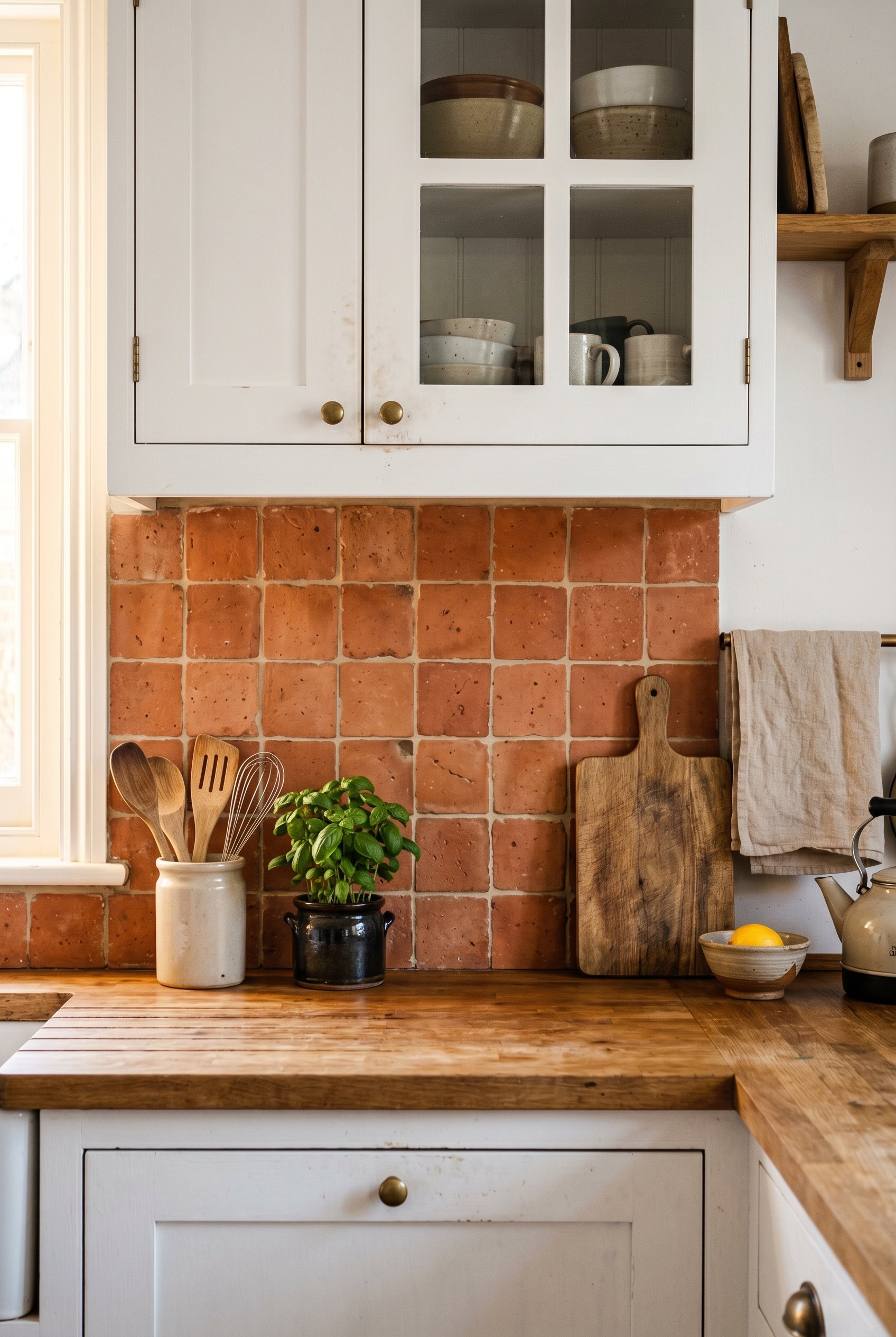 Photorealistic interior photo. Natural terracotta 4x4 square tile backsplash in a straight grid layout, bright white cabinets, earthy organic style, warm natural daylight. Editorial photography style,