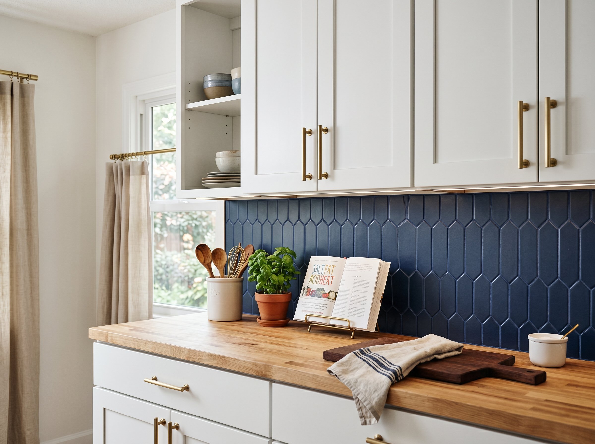 Photorealistic interior photo. Navy blue picket shaped tile backsplash, matte finish, dark blue grout, bright white kitchen cabinets, brass hardware. Editorial photography style, straight on angle, no