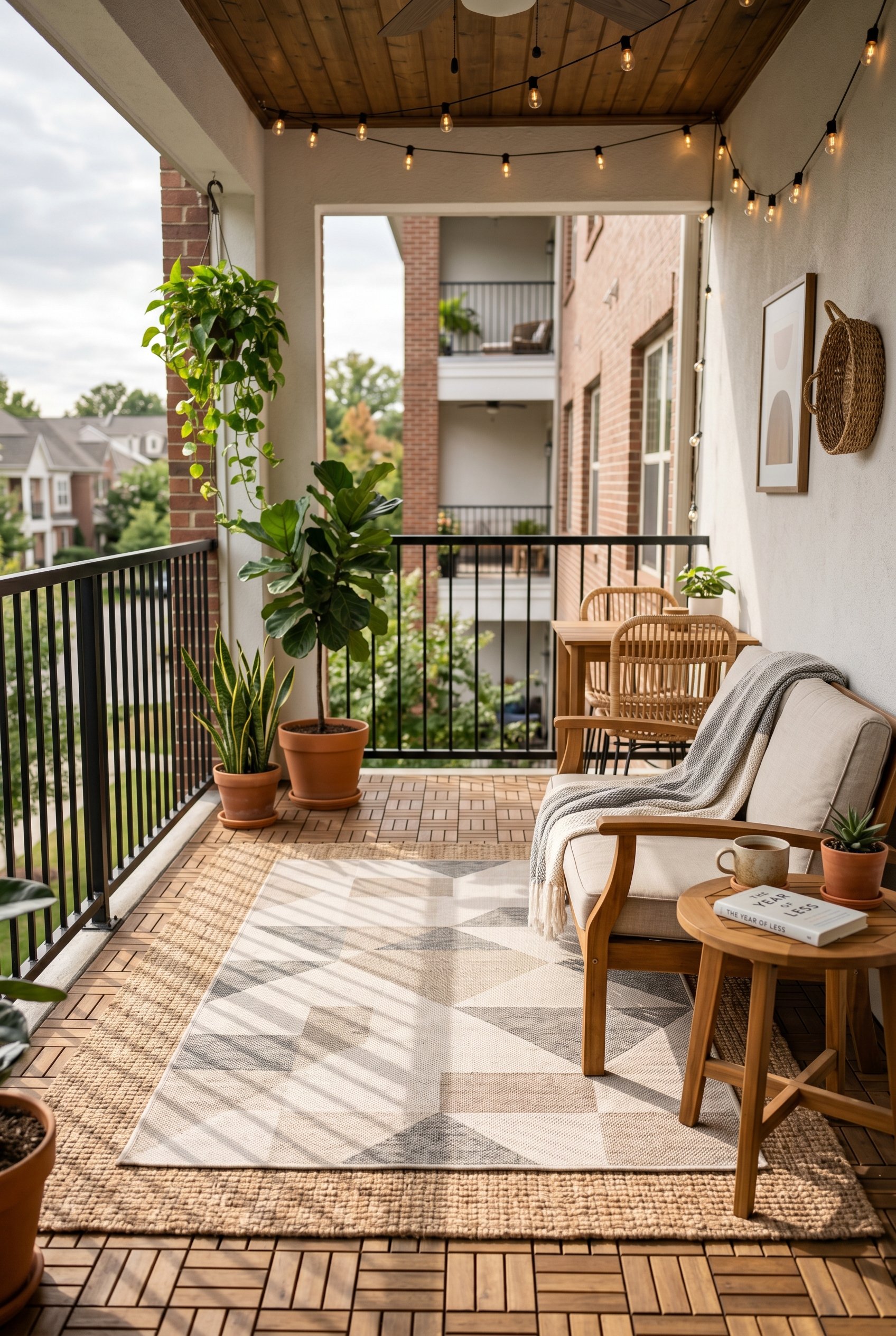 Photorealistic interior photo. Neutral geometric washable outdoor rug layered over wood deck tiles, soft afternoon shadows. Editorial photography style, no people visible.