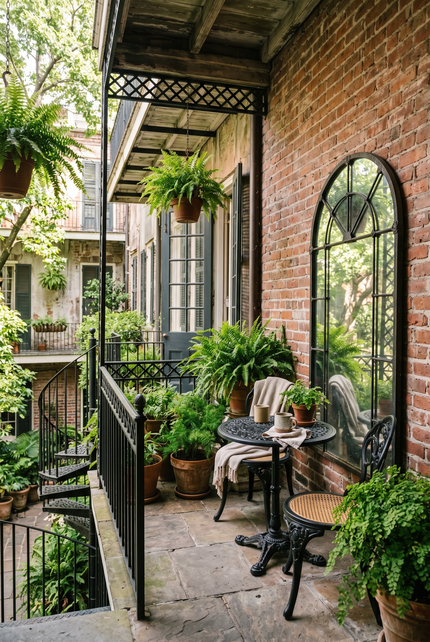 Photorealistic interior photo. New Orleans style courtyard balcony, cast iron bistro set, large leaning iron mirror against brick wall, abundant ferns, dappled sunlight. Editorial photography style, n