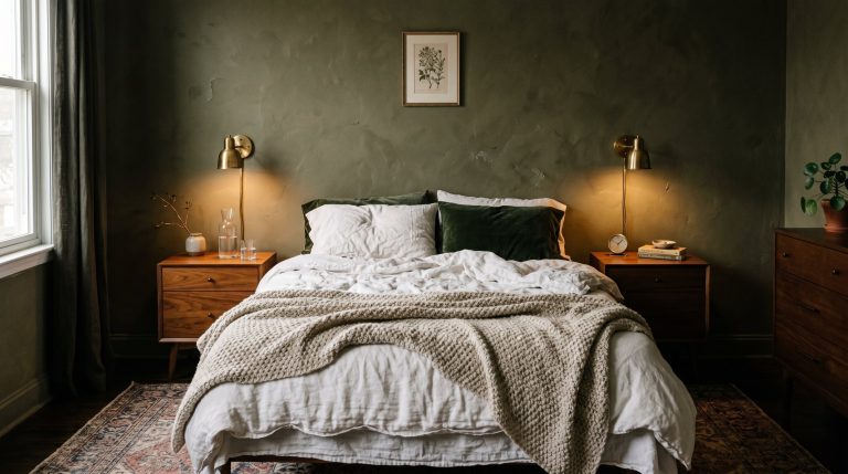 Photorealistic interior photo of a deeply cozy, moody guest bedroom. Symmetrical layout with dark olive green limewash walls, a bed piled high with crumpled white linen and a chunky wool throw. Identi