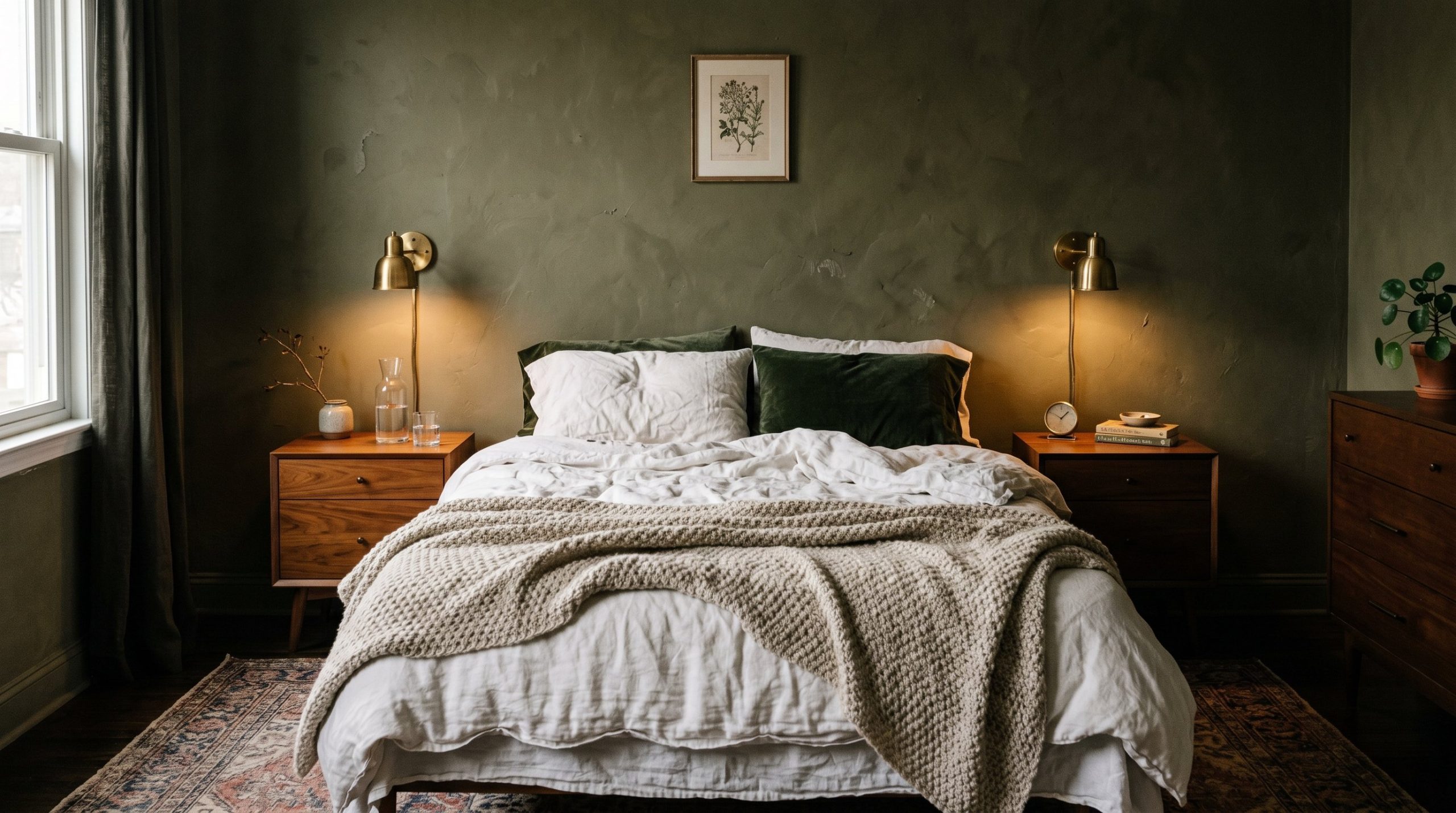 Photorealistic interior photo of a deeply cozy, moody guest bedroom. Symmetrical layout with dark olive green limewash walls, a bed piled high with crumpled white linen and a chunky wool throw. Identi