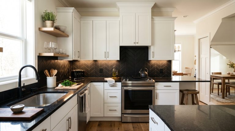 Photorealistic interior photo of a stunning modern kitchen. Crisp white shaker cabinets contrasted against a moody matte black chevron tile backsplash. Solid absolute black granite countertops. Warm u