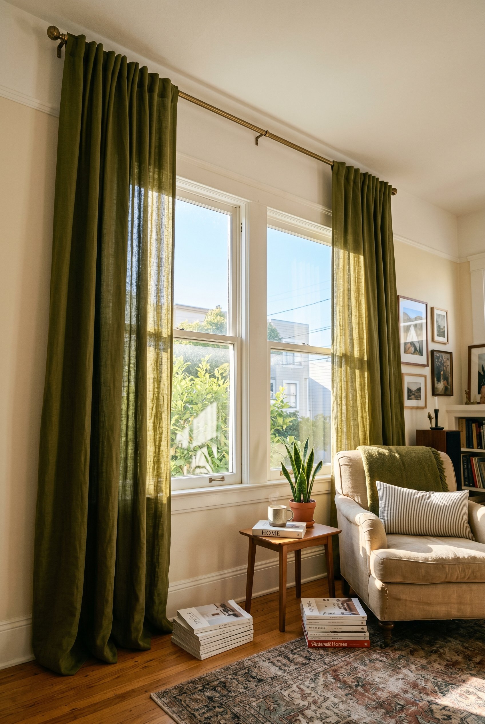 Photorealistic interior photo. Olive green linen curtains hung very high and wide around a large window, bright sunlight pouring in, low camera angle looking up. Editorial photography style, no people