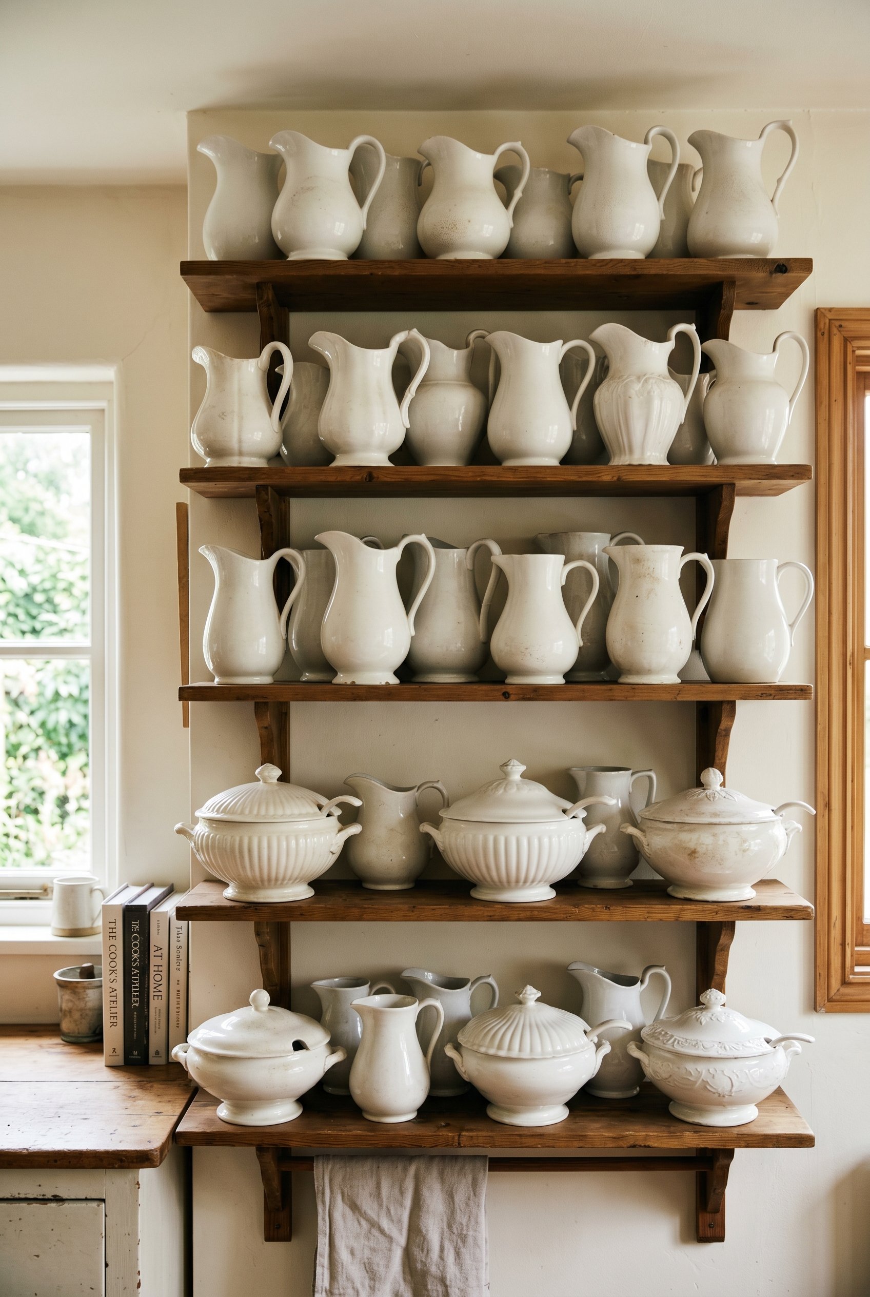 Photorealistic interior photo. Open kitchen shelving tightly packed with a collection of antique white ironstone pitchers and soup tureens, soft natural lighting, straight-on medium camera angle. Edit